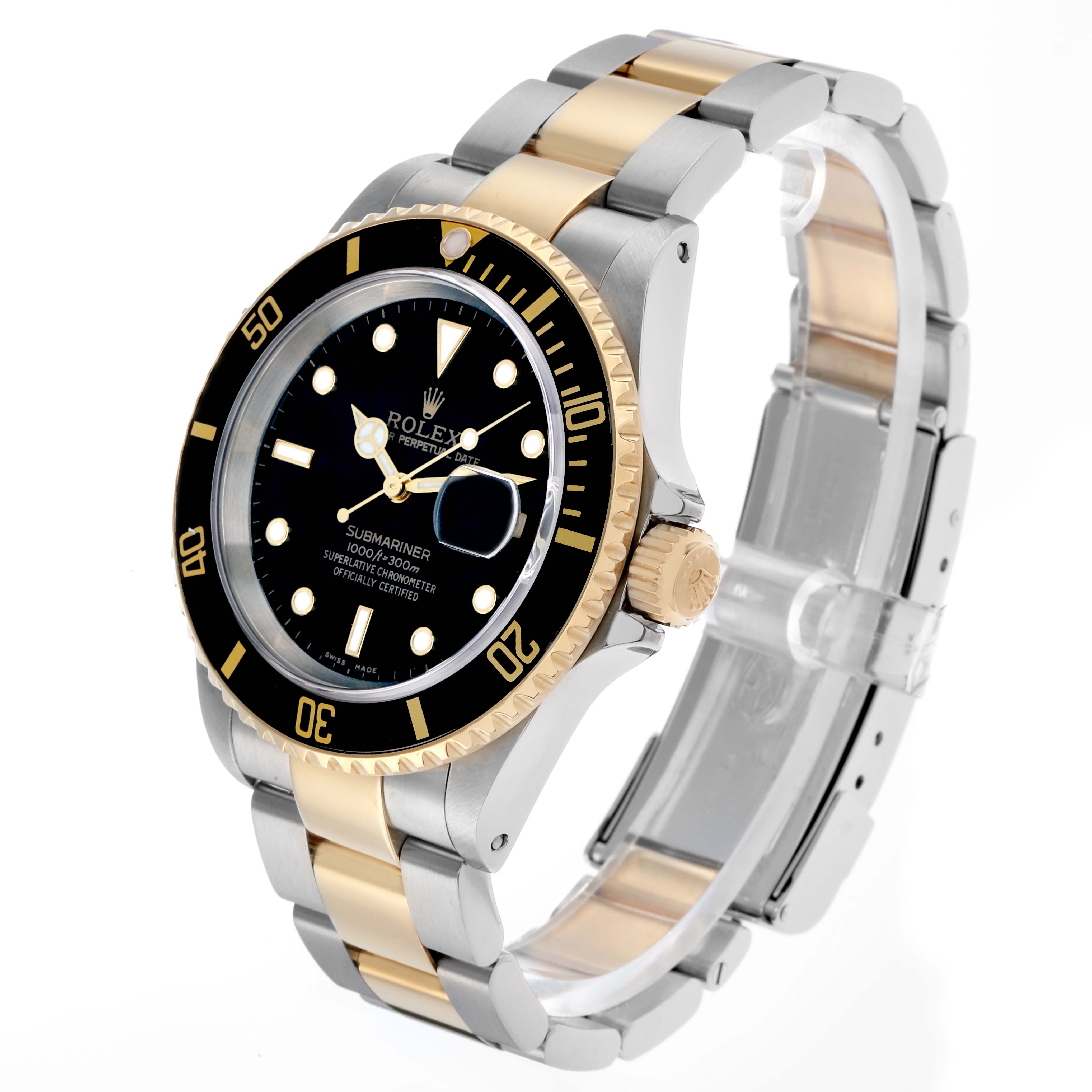 The Rolex Submariner 16613 Men
s Steel and Gold (two tone) Black Dial is shown at a three-quarter angle, highlighting the dial, bezel, and two-tone bracelet.