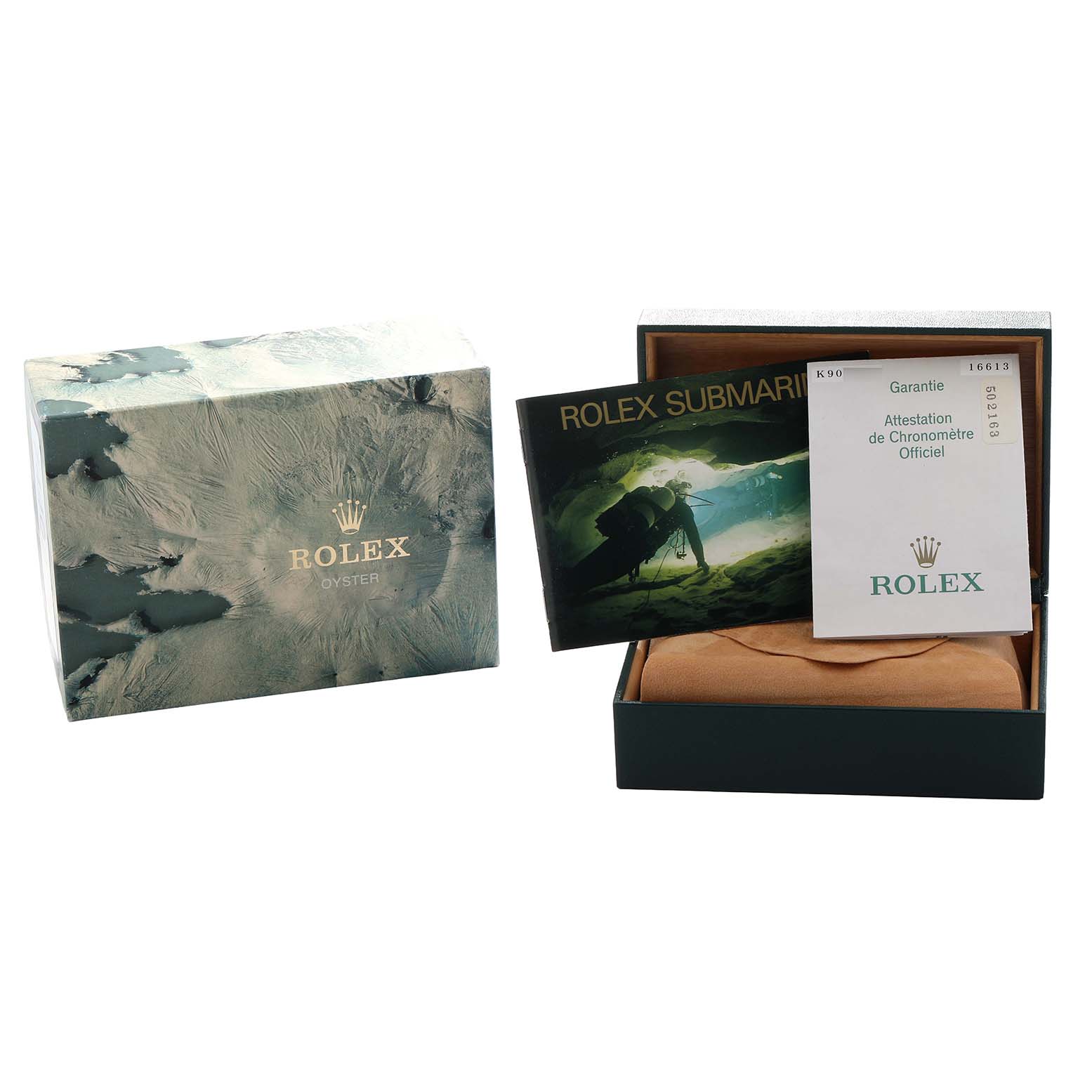 The image shows the packaging and documents of a Rolex Submariner 16613 Men
s Steel and Gold (two tone) Black Dial, including a box, certificate, and booklet.