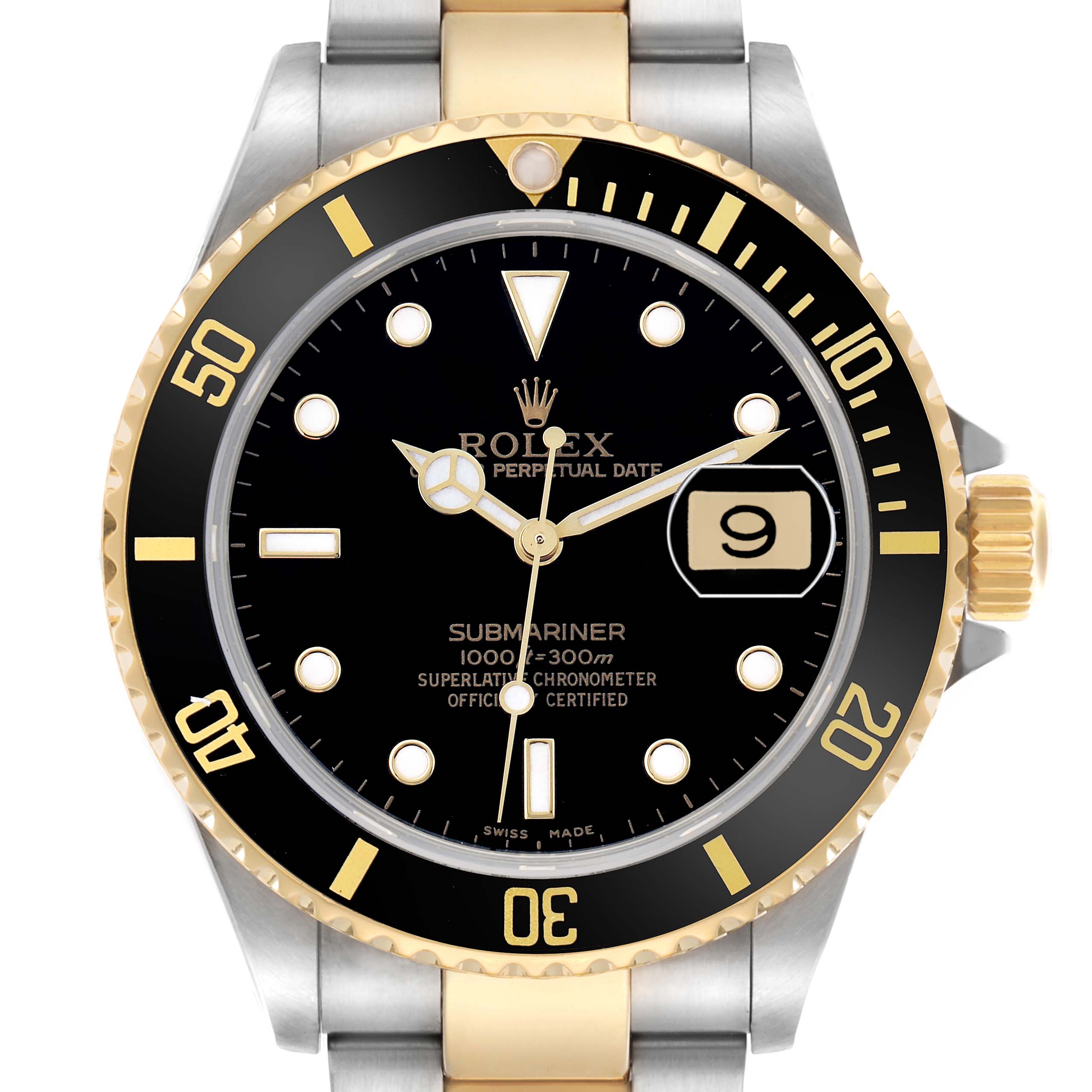 The Rolex Submariner 16613 Men
s Steel and Gold (two tone) Black Dial is shown from a front angle, highlighting the watch face, bezel, and part of the bracelet.