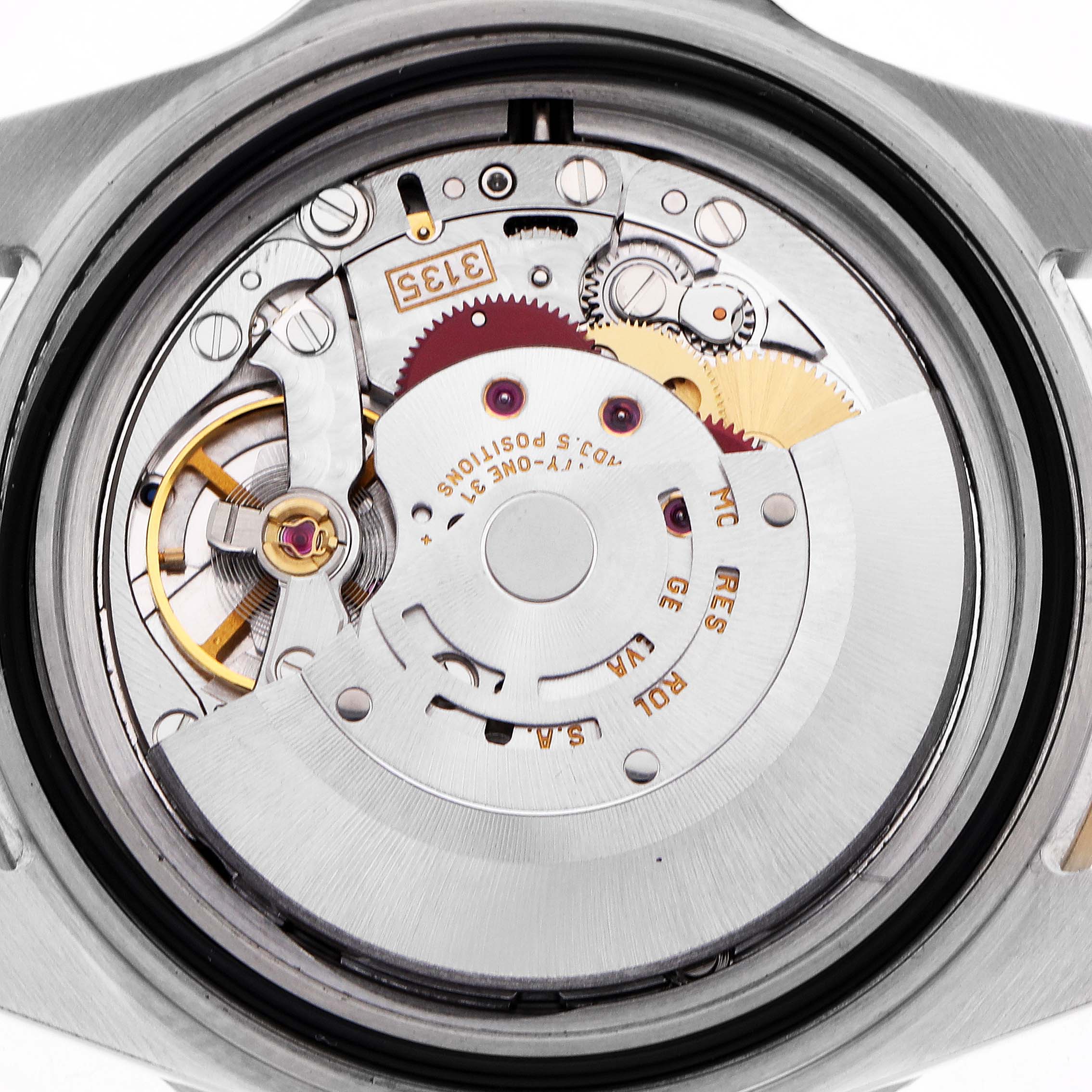 The image shows the internal mechanism of a Rolex Submariner 16613 Men
s Steel and Gold (two tone) Black Dial watch viewed from the back.
