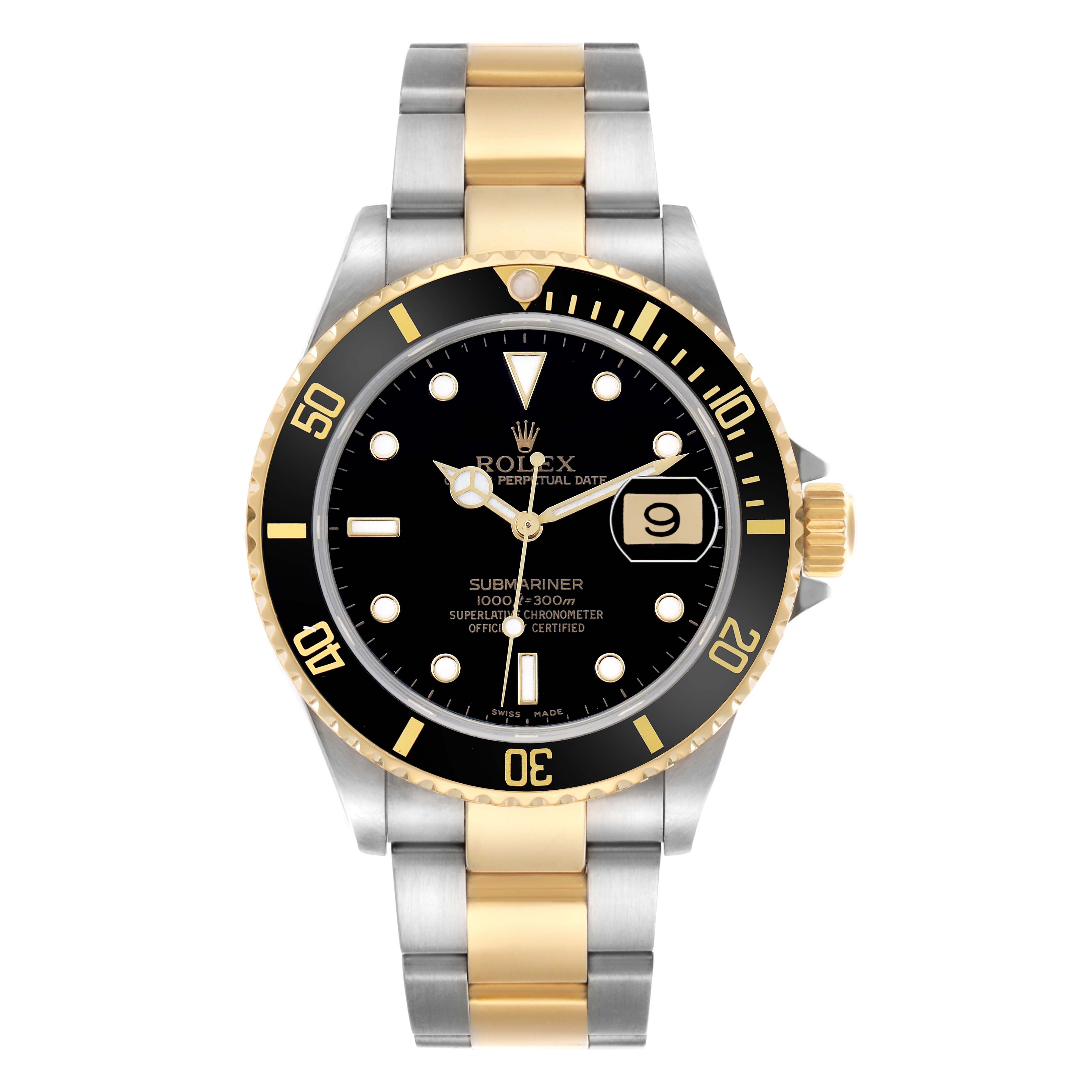 The Rolex Submariner 16613 Men
s Steel and Gold (two tone) Black Dial watch is shown from a front angle, highlighting the dial, bezel, case, and bracelet.