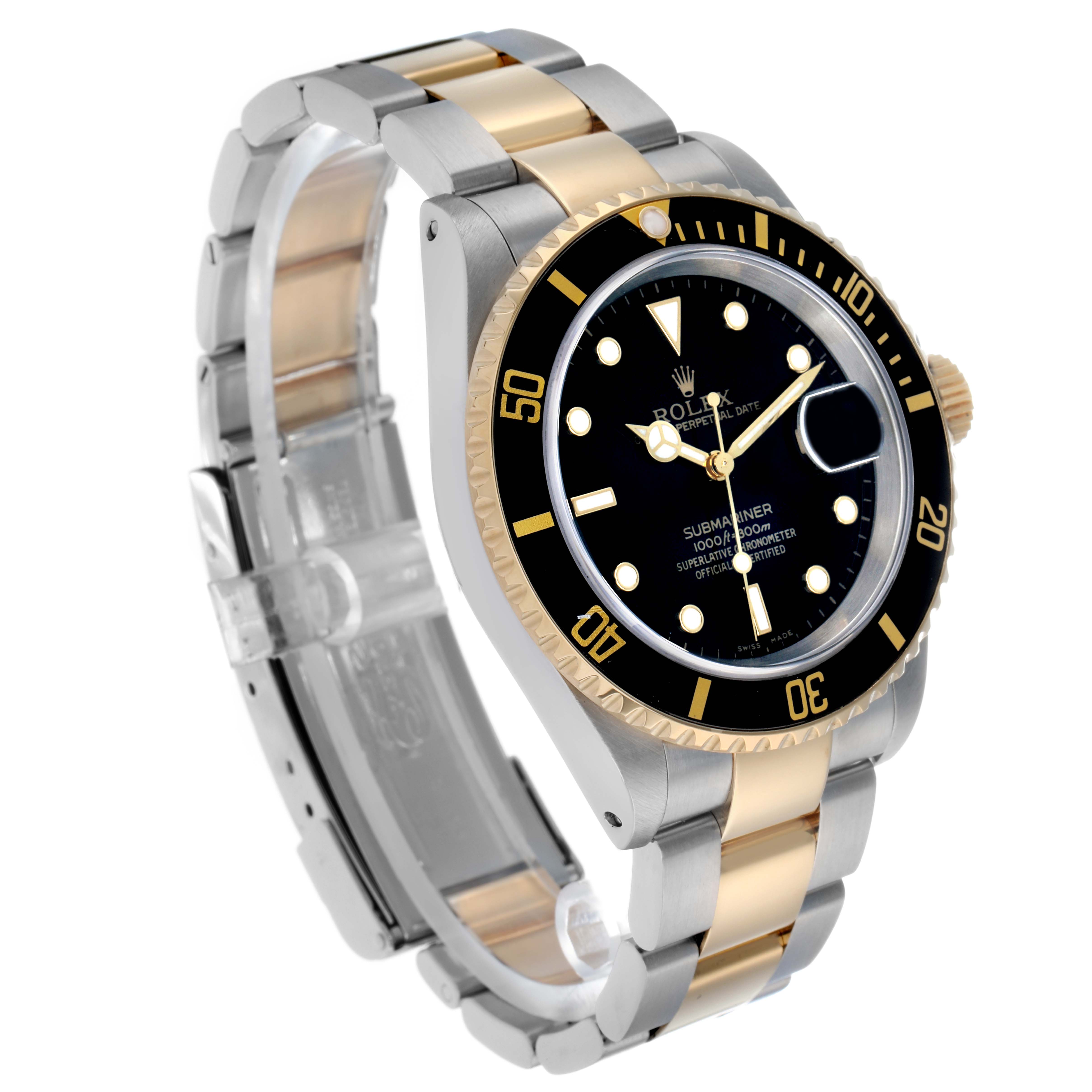 The Rolex Submariner 16613 Men
s Steel and Gold (two tone) Black Dial is shown at a three-quarter angle, highlighting the face, bezel, and bracelet.