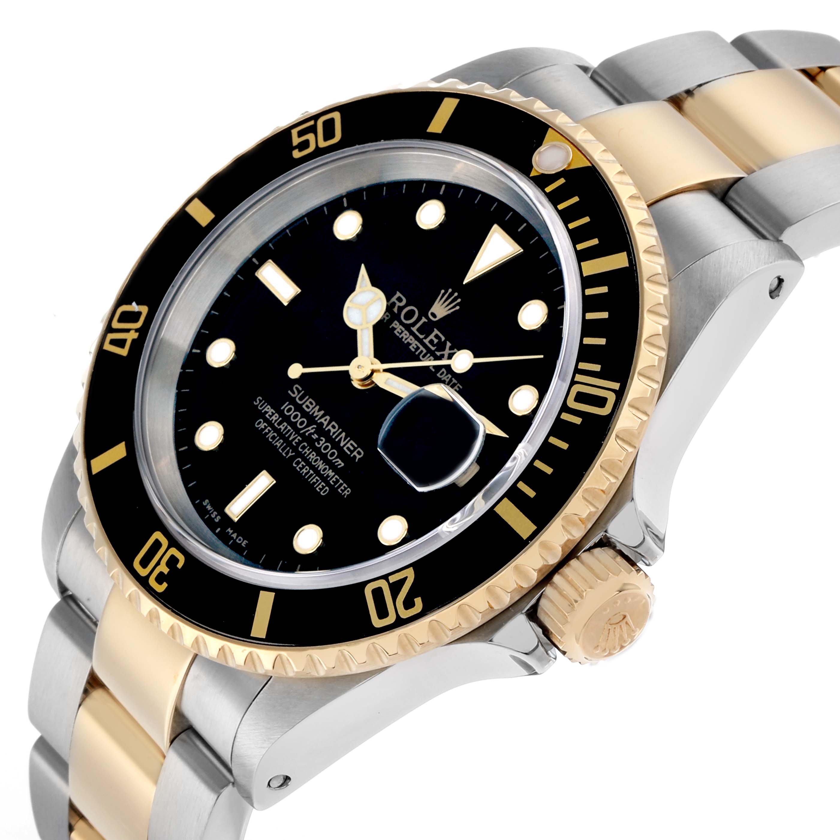 The Rolex Submariner 16613 Men
s Steel and Gold (two tone) Black Dial is shown at an angle highlighting the black dial, date magnifier, bezel, crown, and two-tone bracelet.