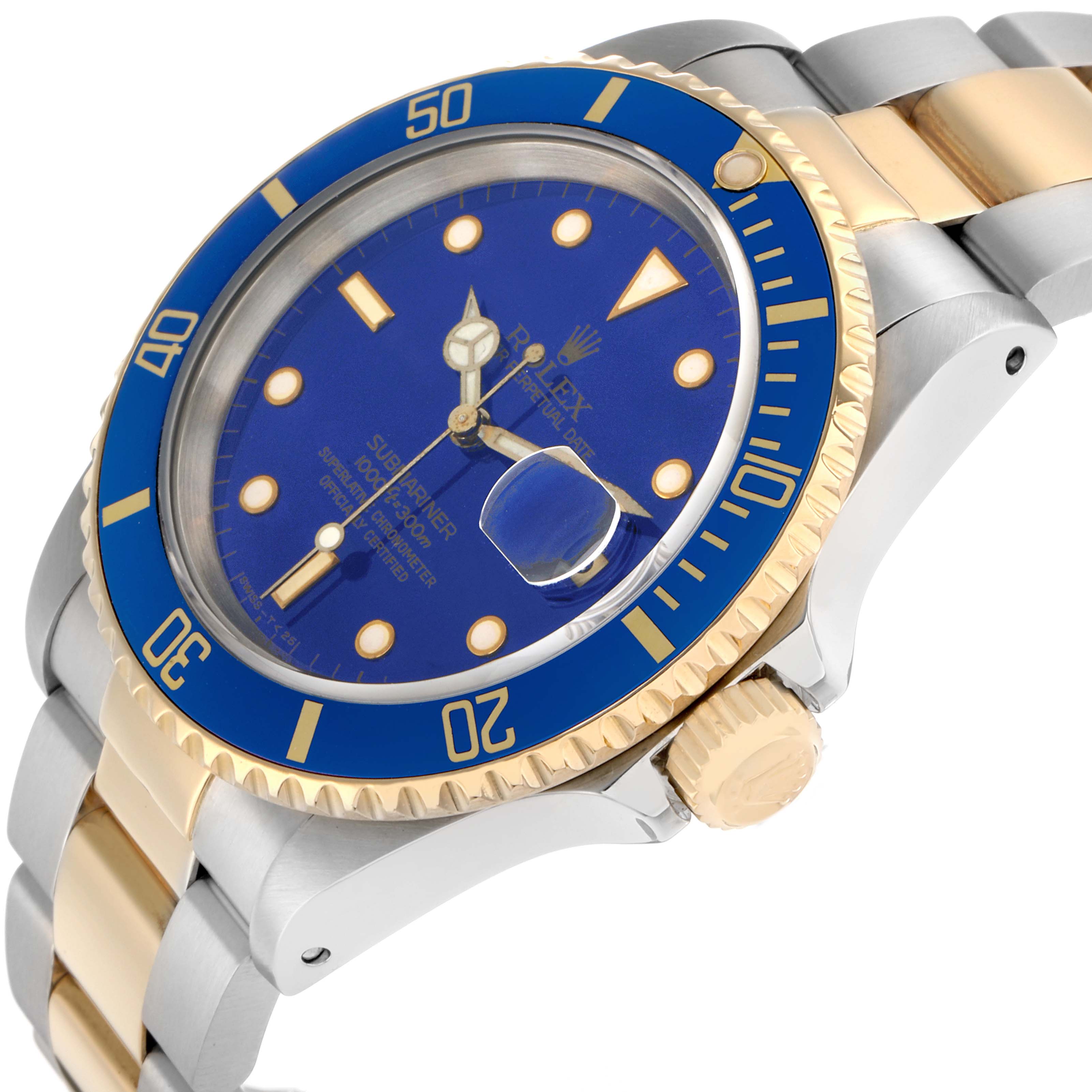 The Rolex Submariner 16613 Men
s Steel and Gold (two tone) Blue Dial watch is shown from an angled front view, highlighting the blue bezel, dial, and gold accents on the band and crown.