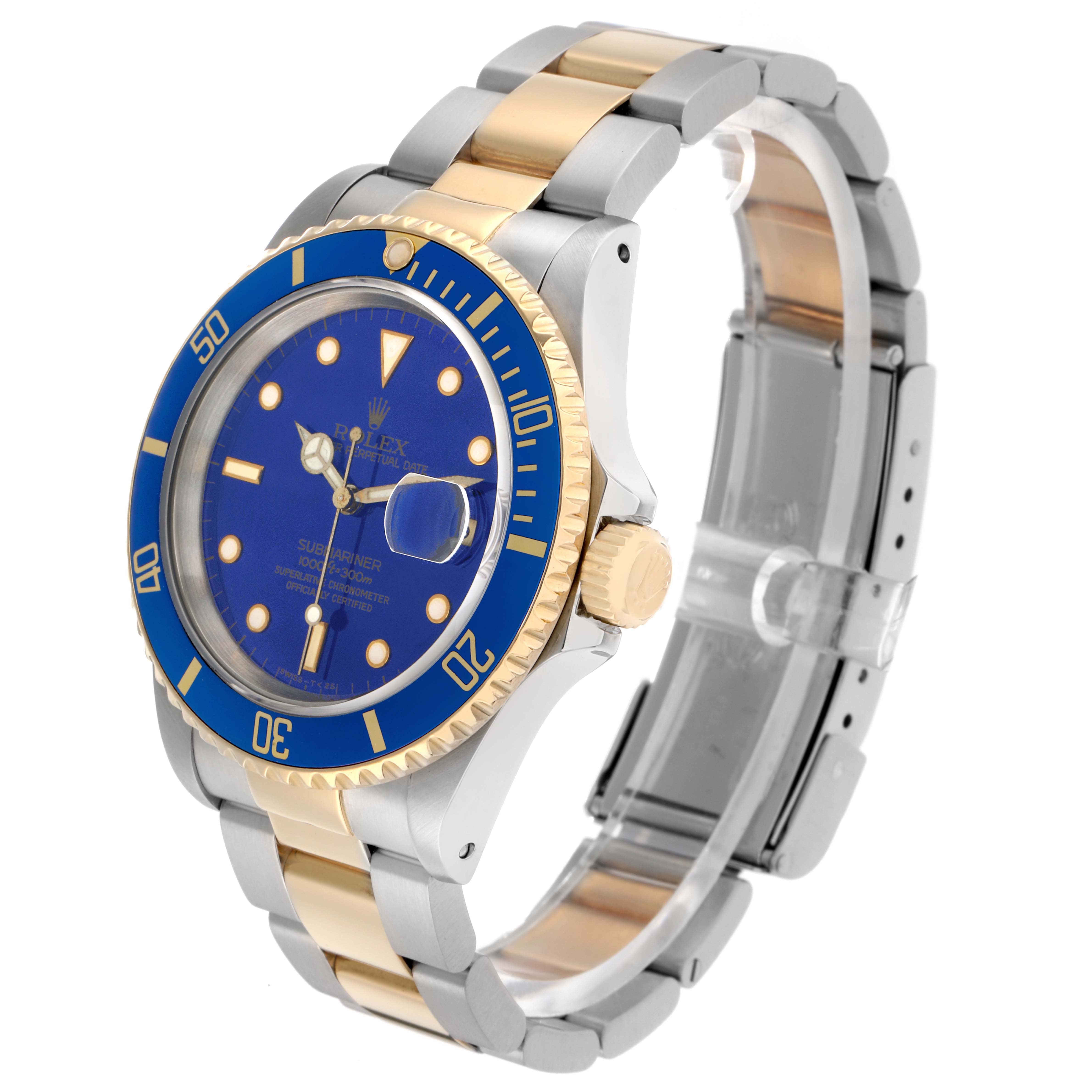The Rolex Submariner 16613 Men
s Steel and Gold (two tone) Blue Dial watch is shown at an angle highlighting the blue dial, bezel, gold accents, and bracelet.