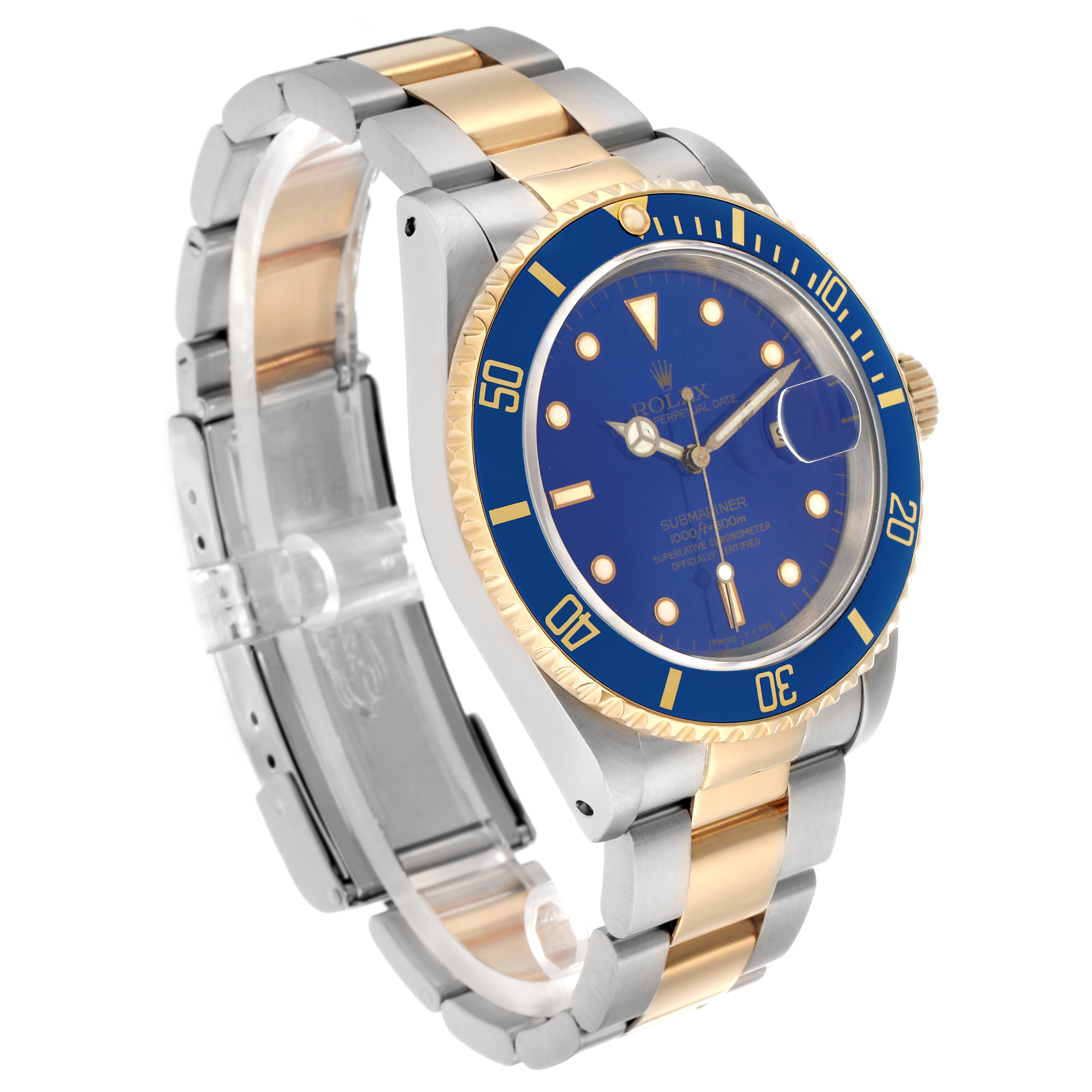 The Rolex Submariner 16613 Men
s Steel and Gold (two tone) Blue Dial watch is shown at a three-quarter angle, highlighting the blue dial, bezel, and two-tone bracelet.