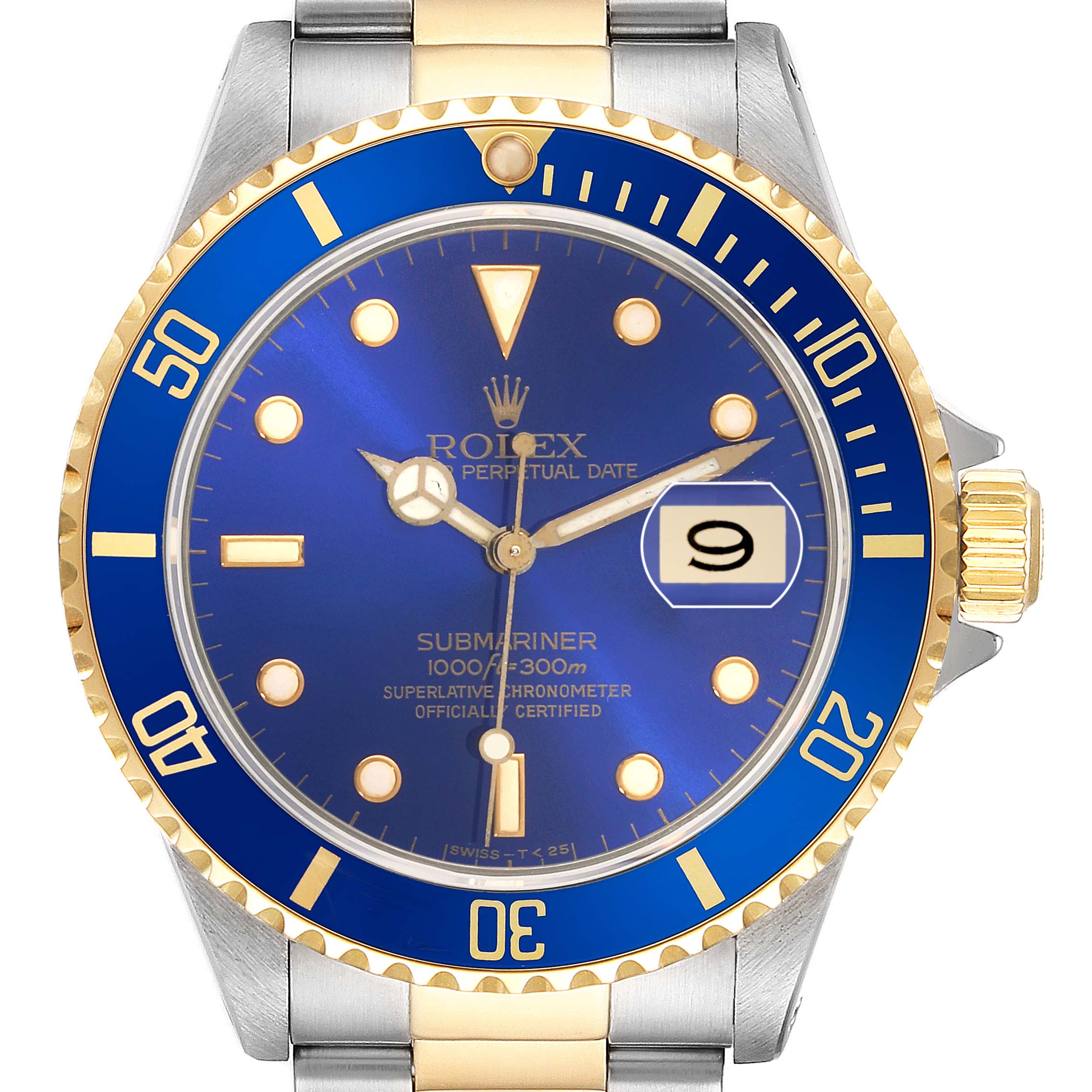 The Rolex Submariner 16613 Men
s Steel and Gold (two tone) Blue Dial watch is shown from the front, highlighting the blue dial, bezel, and date window.