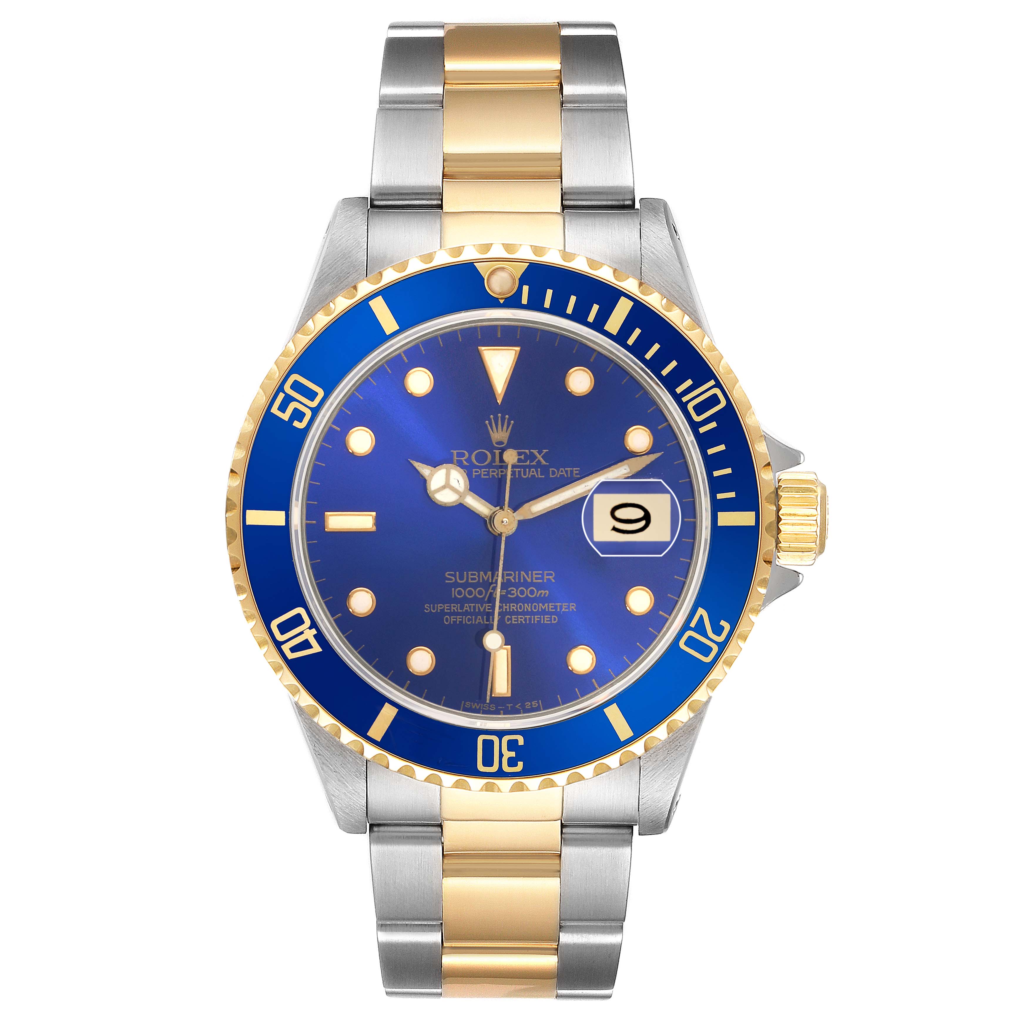 The Rolex Submariner 16613 Men
s Steel and Gold (two tone) Blue Dial is shown from a front angle, highlighting its blue dial, gold bezel, and two-tone bracelet.