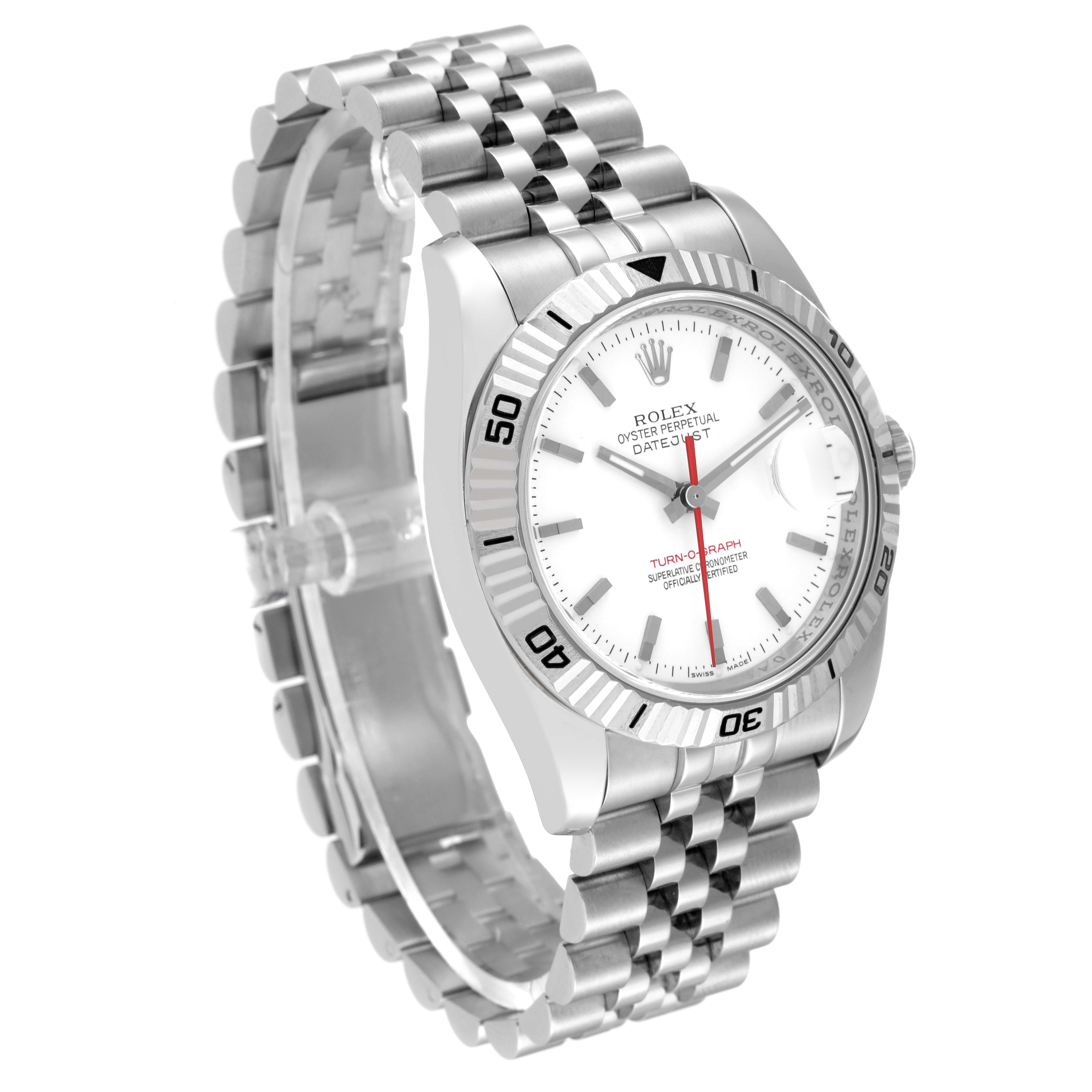 The image shows a Rolex Turn-o-Graph 116264 Men
s Stainless Steel White Dial 116264 Men
s Stainless Steel White Dial watch at a slight angle, highlighting its metal bracelet, bezel, and white dial.