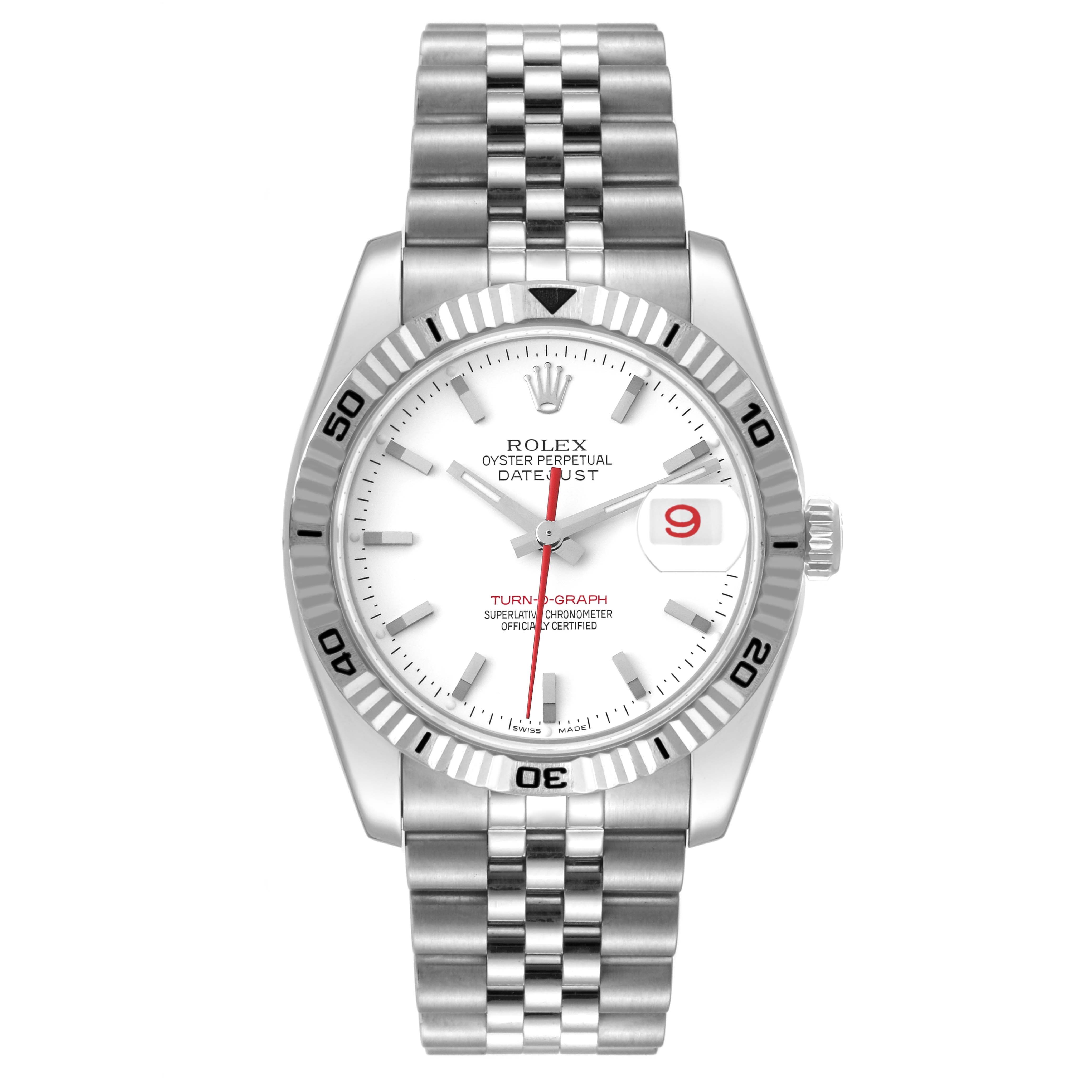 The image shows a front view of a Rolex Turn-o-Graph 116264 Men
s Stainless Steel White Dial 116264 Men
s Stainless Steel White Dial watch, highlighting its dial, bezel, and bracelet.
