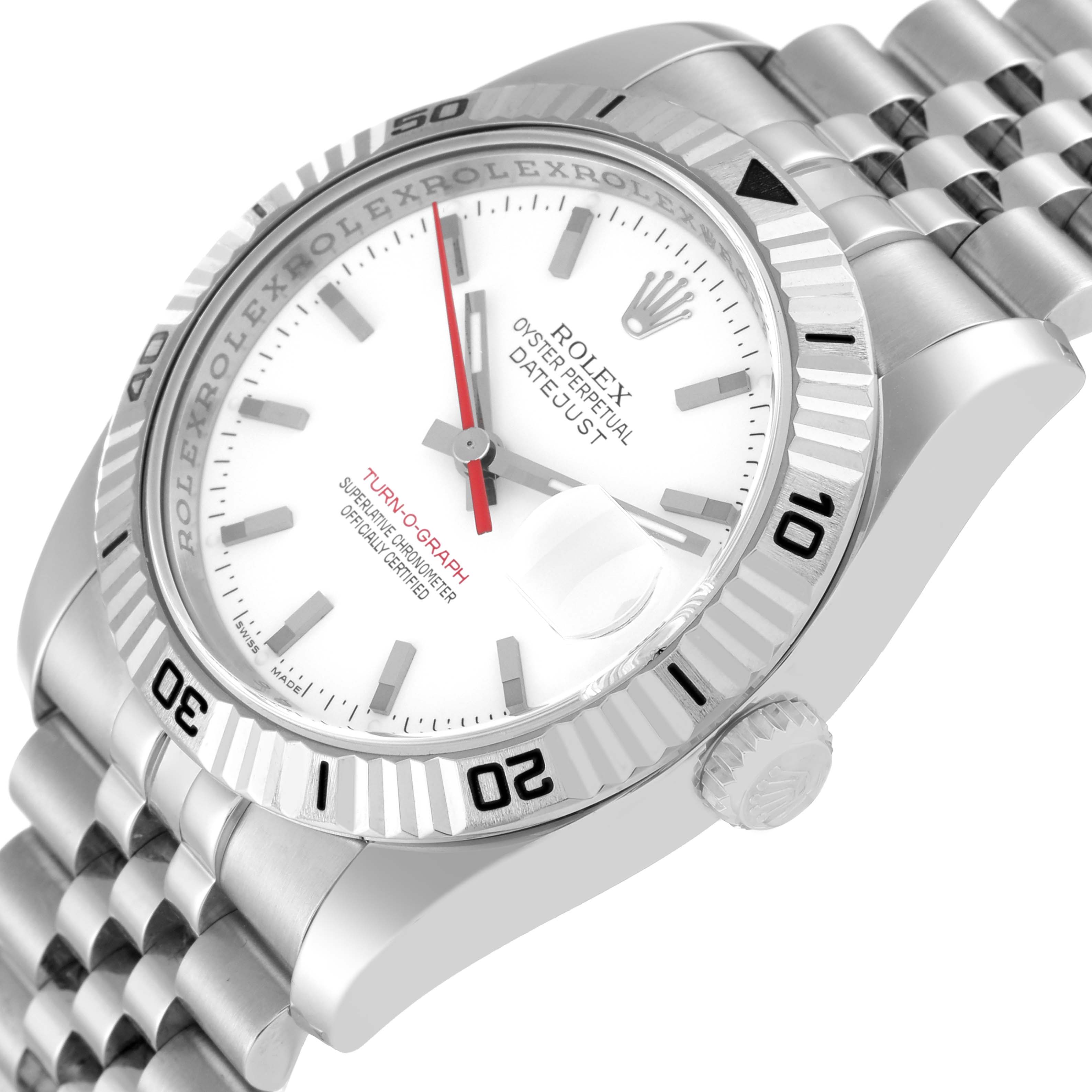 The image shows a close-up view of the dial, bezel, and part of the bracelet of a Rolex Turn-o-Graph 116264 Men
s Stainless Steel White Dial 116264 Men
s Stainless Steel White Dial watch.