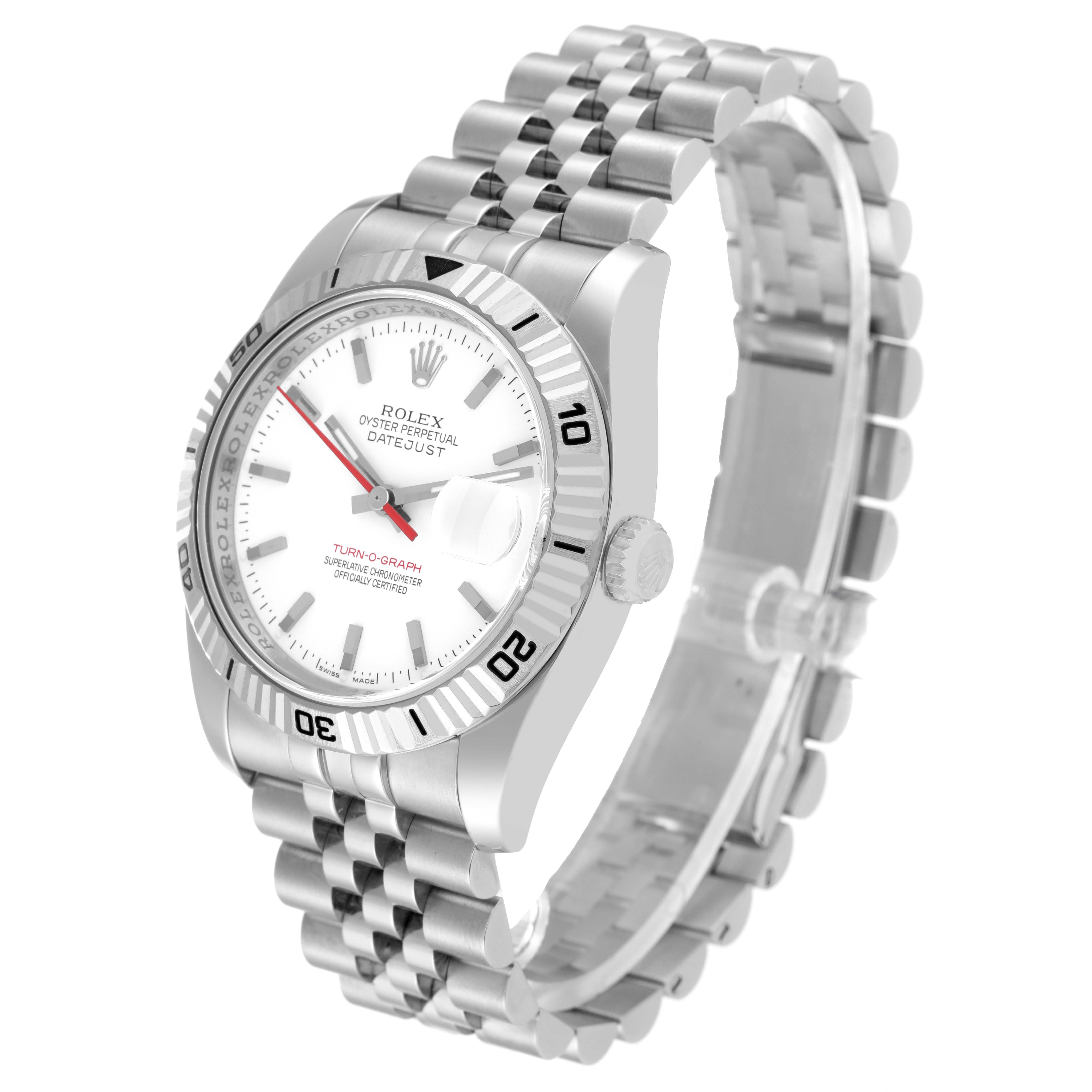 The image shows a Rolex Turn-o-Graph 116264 Men
s Stainless Steel White Dial 116264 Men
s Stainless Steel White Dial watch at a three-quarter angle, highlighting the bezel, dial, and bracelet.