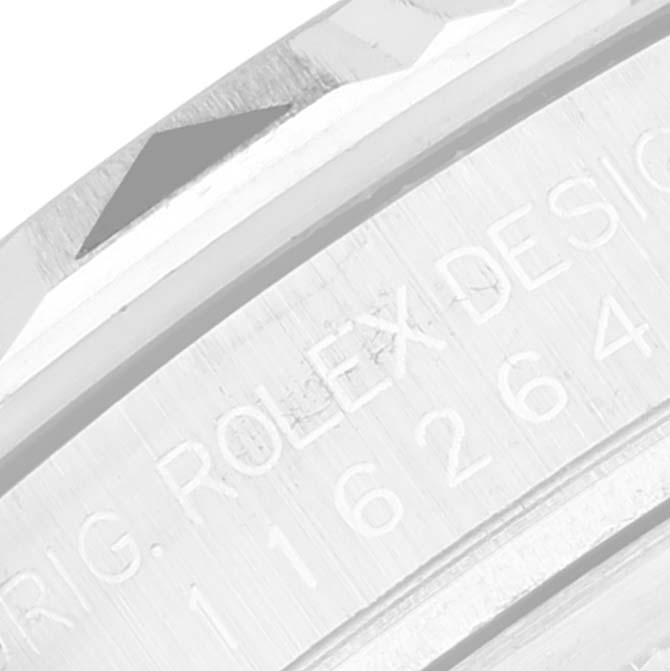 The image shows a close-up of the case side and engraved serial number of a Rolex Turn-o-Graph 116264 Men
s Stainless Steel White Dial 116264 Men
s Stainless Steel White Dial watch.