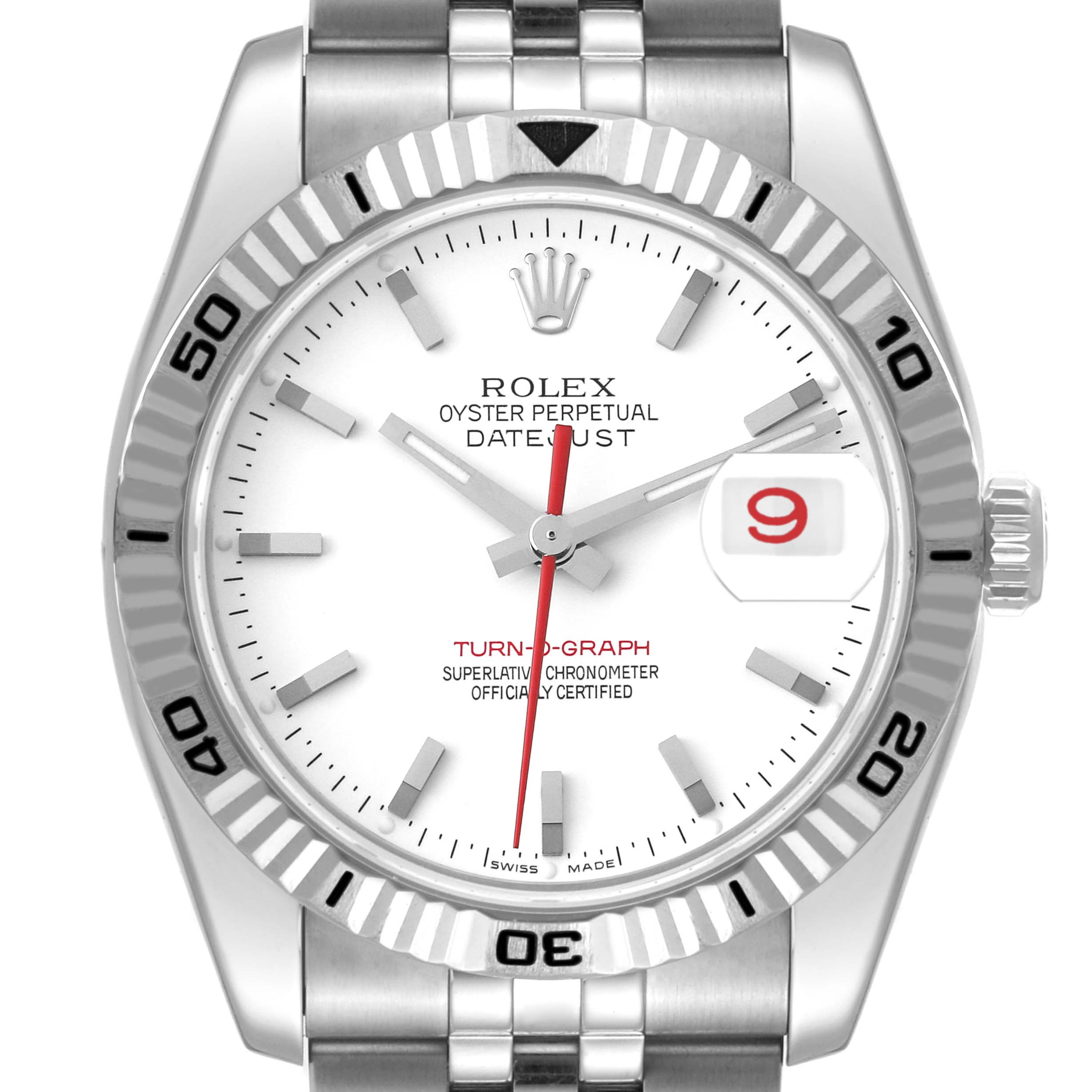 The image shows a front view of the Rolex Turn-o-Graph 116264 Men
s Stainless Steel White Dial 116264 Men
s Stainless Steel White Dial watch, highlighting its dial, bezel, and bracelet.