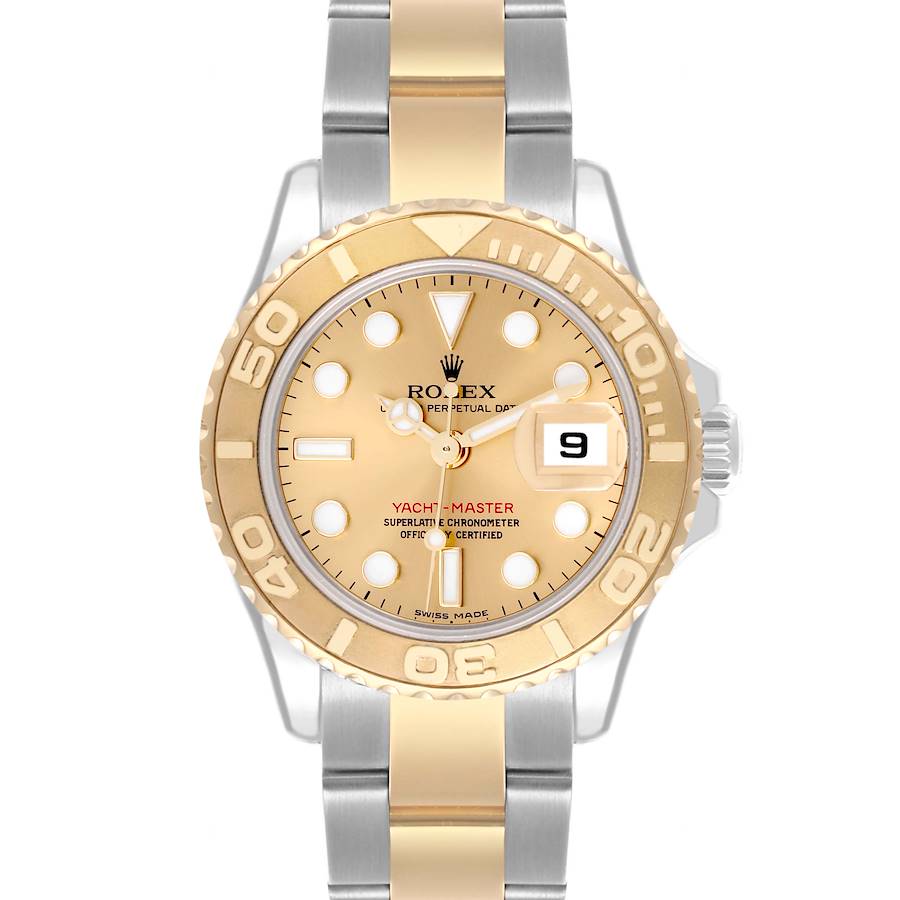 The Rolex Yacht-Master watch is shown from the front, displaying its face, bezel, and bracelet clearly.