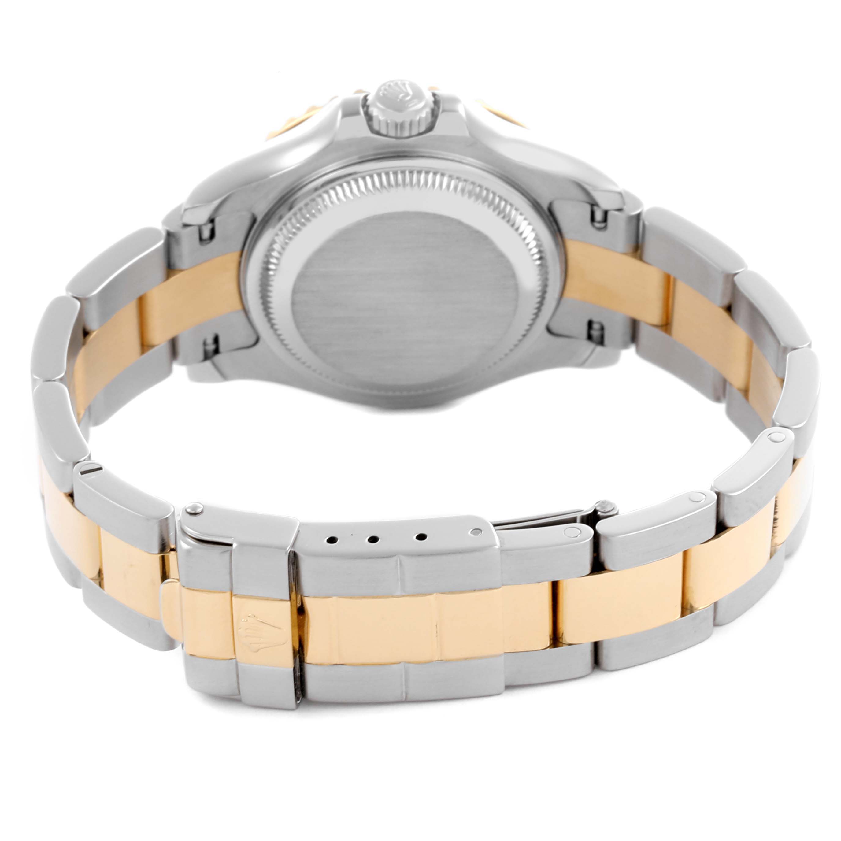 The image shows the Rolex Yacht-Master 169623 Women's Steel and Gold (two tone) Champagne Dial 169623 Women's Steel and Gold (two tone) Champagne Dial's back and bracelet, highlighting its two-tone metal design from a rear angle.