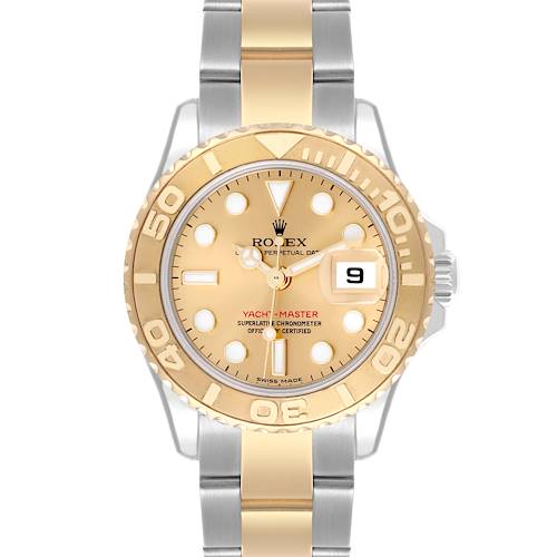 The Rolex Yacht-Master watch is shown from the front, displaying the dial, bezel, and bracelet.