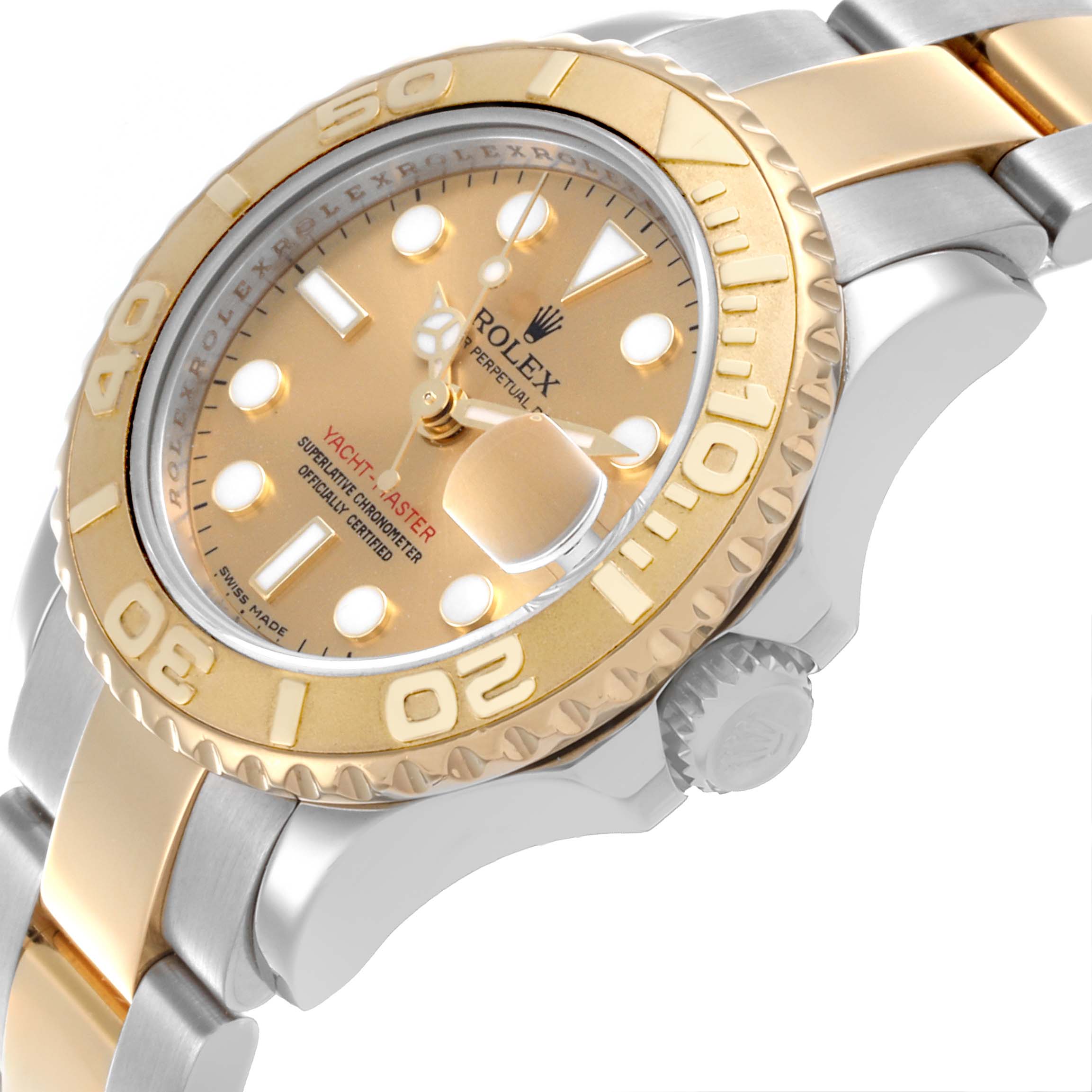 The Rolex Yacht-Master 169623 Women's Steel and Gold (two tone) Champagne Dial 169623 Women's Steel and Gold (two tone) Champagne Dial watch is shown at an angle highlighting the face, bezel, crown, and part of the bracelet.