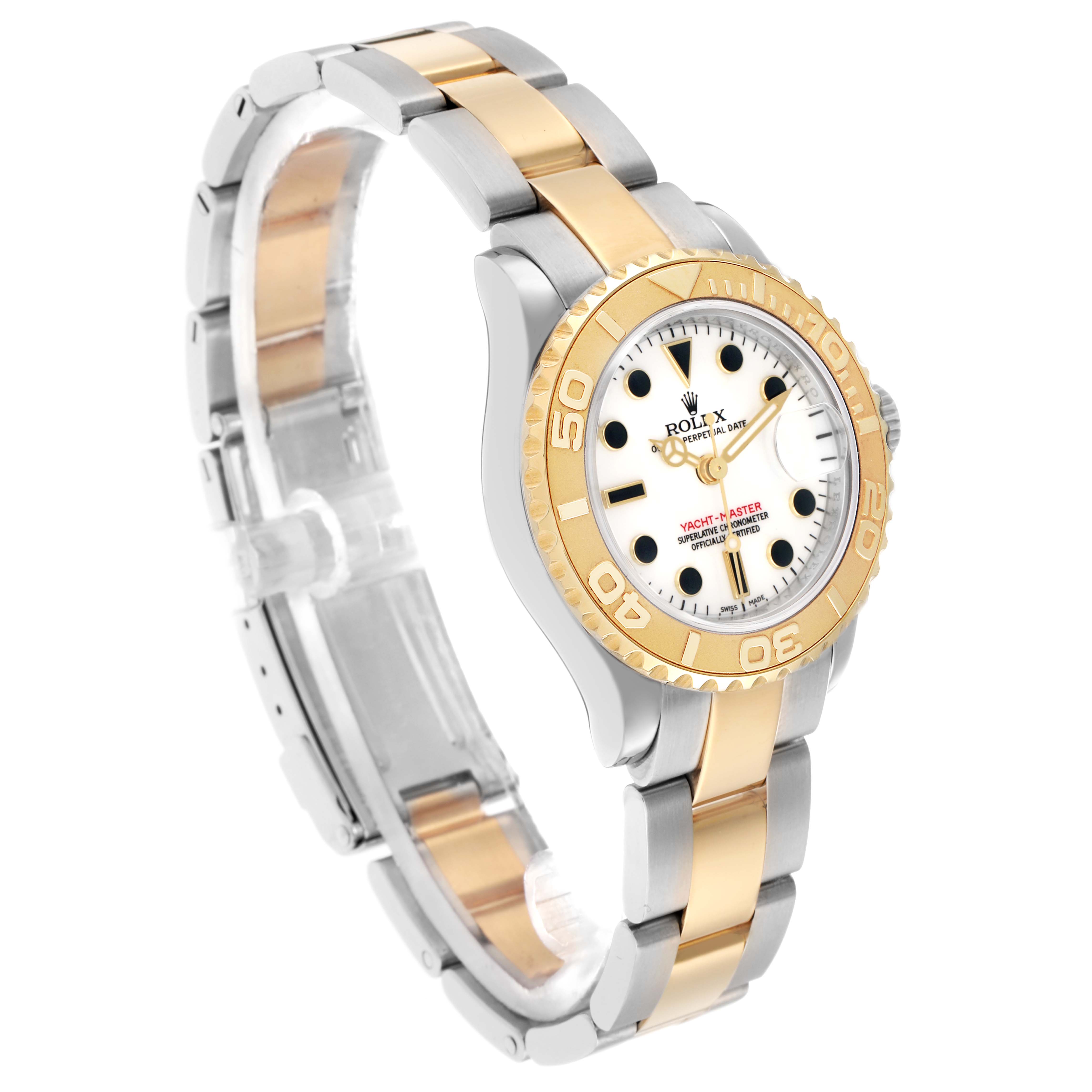 The Rolex Yacht-Master 169623 Women's Steel and Gold (two tone) White Dial watch is shown at a three-quarter angle, highlighting its gold bezel, white dial, and oyster bracelet.