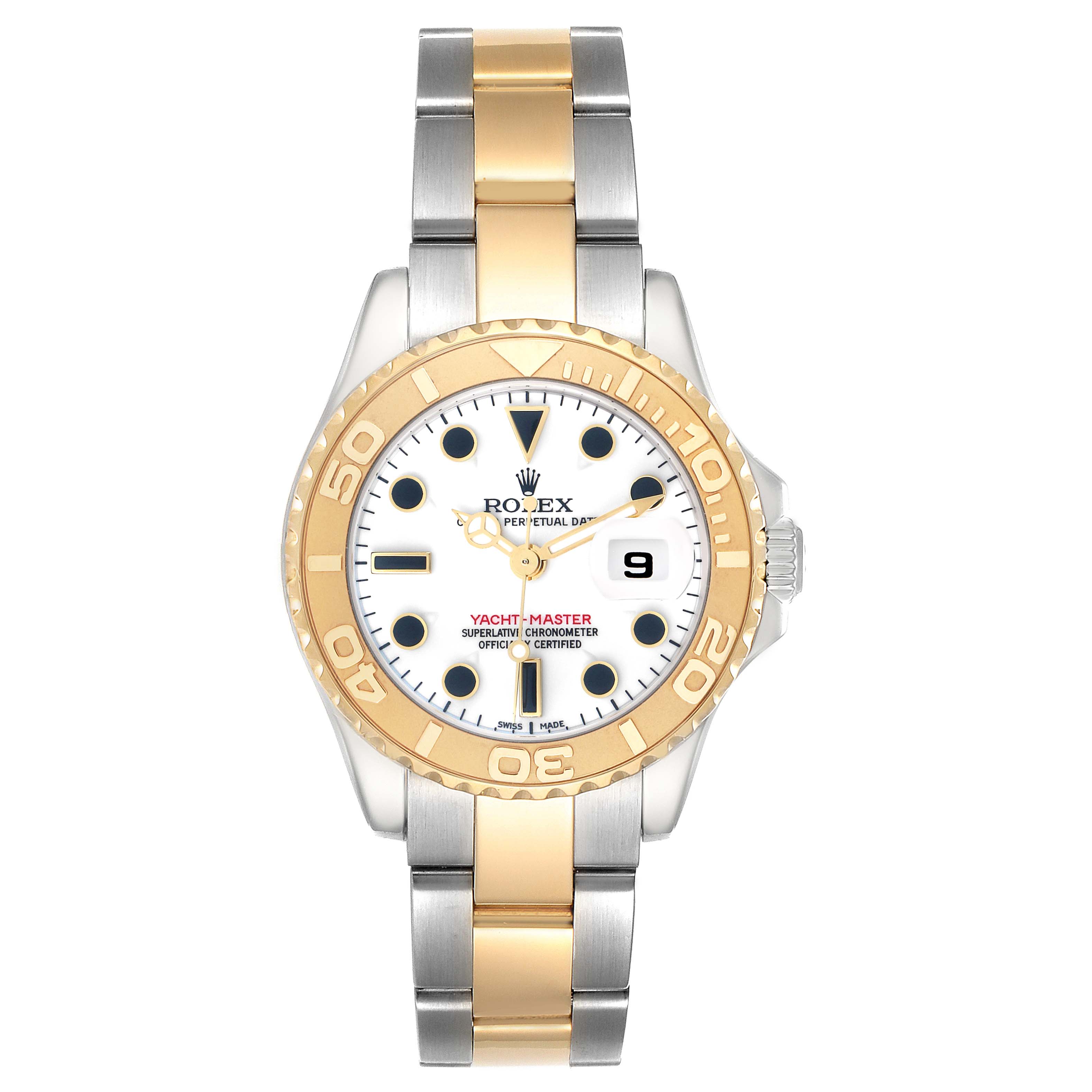 The Rolex Yacht-Master 169623 Women's Steel and Gold (two tone) White Dial watch is shown from the front, displaying the bezel, dial, hands, date window, and bracelet.