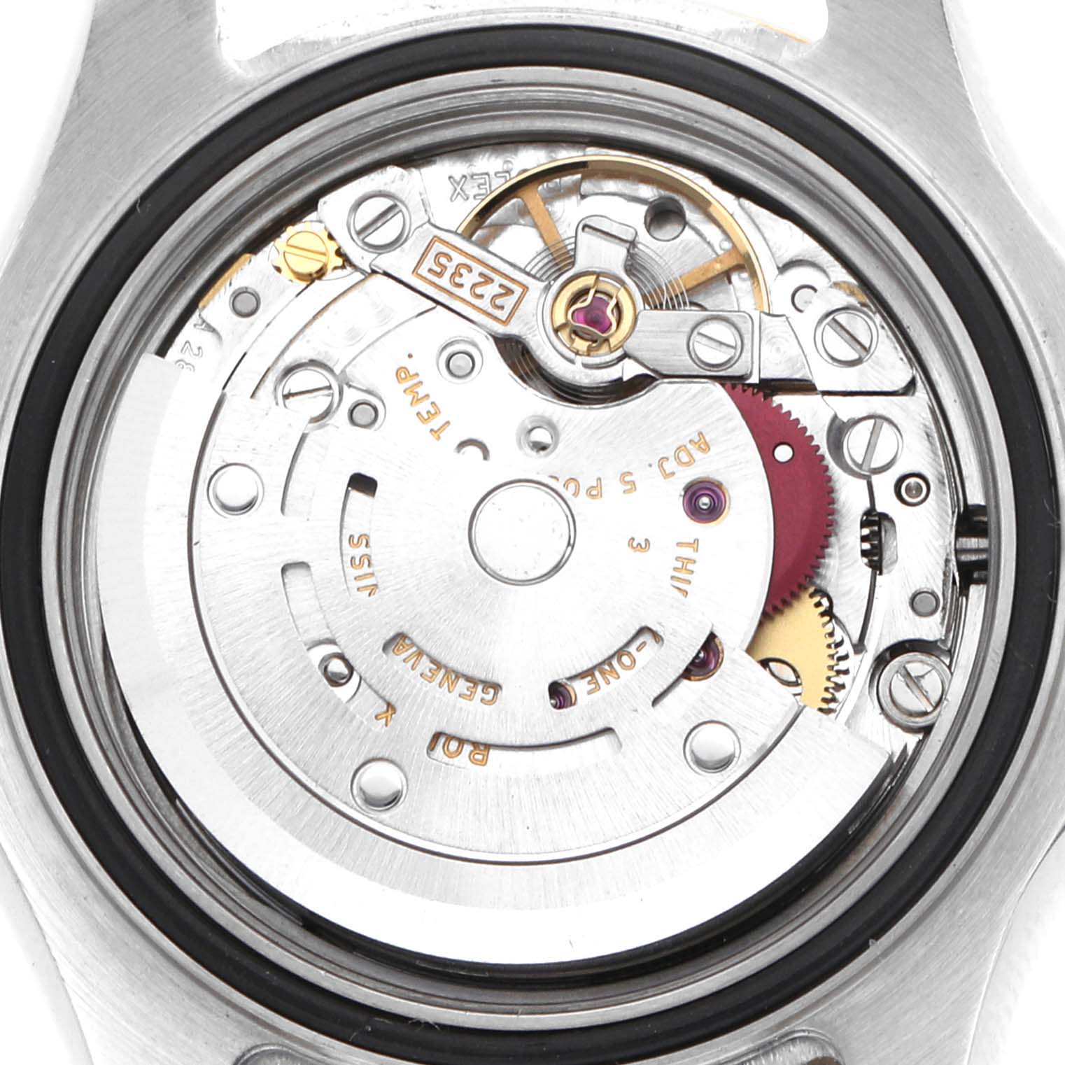 The image shows the movement of a Rolex Yacht-Master 169623 Women's Steel and Gold (two tone) White Dial watch from a top-down angle, highlighting its internal components.
