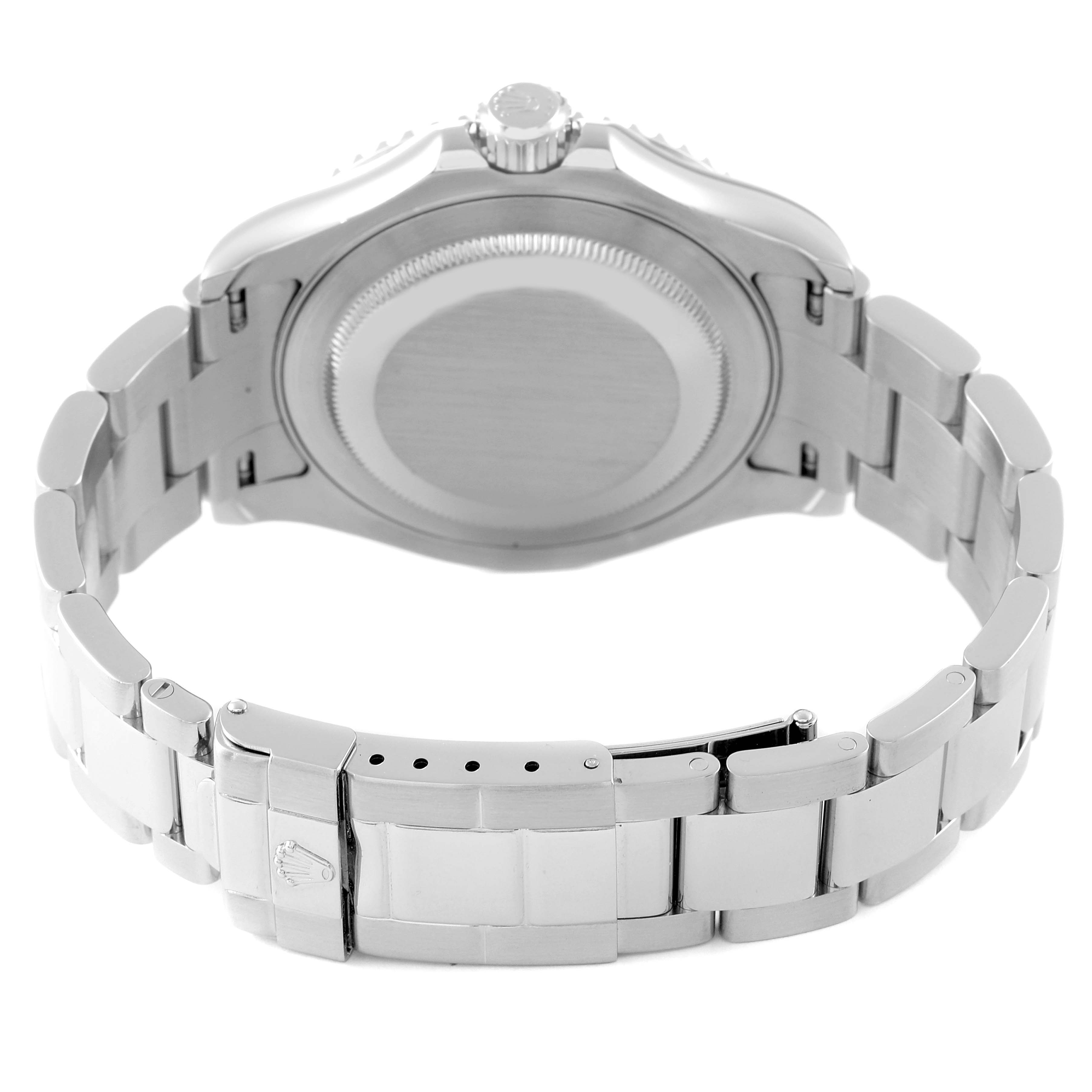 This image shows the back case, bracelet, and clasp of a Rolex Yacht-Master 16622 Men's Stainless Steel Silver Dial 16622 Men's Stainless Steel Silver Dial watch.