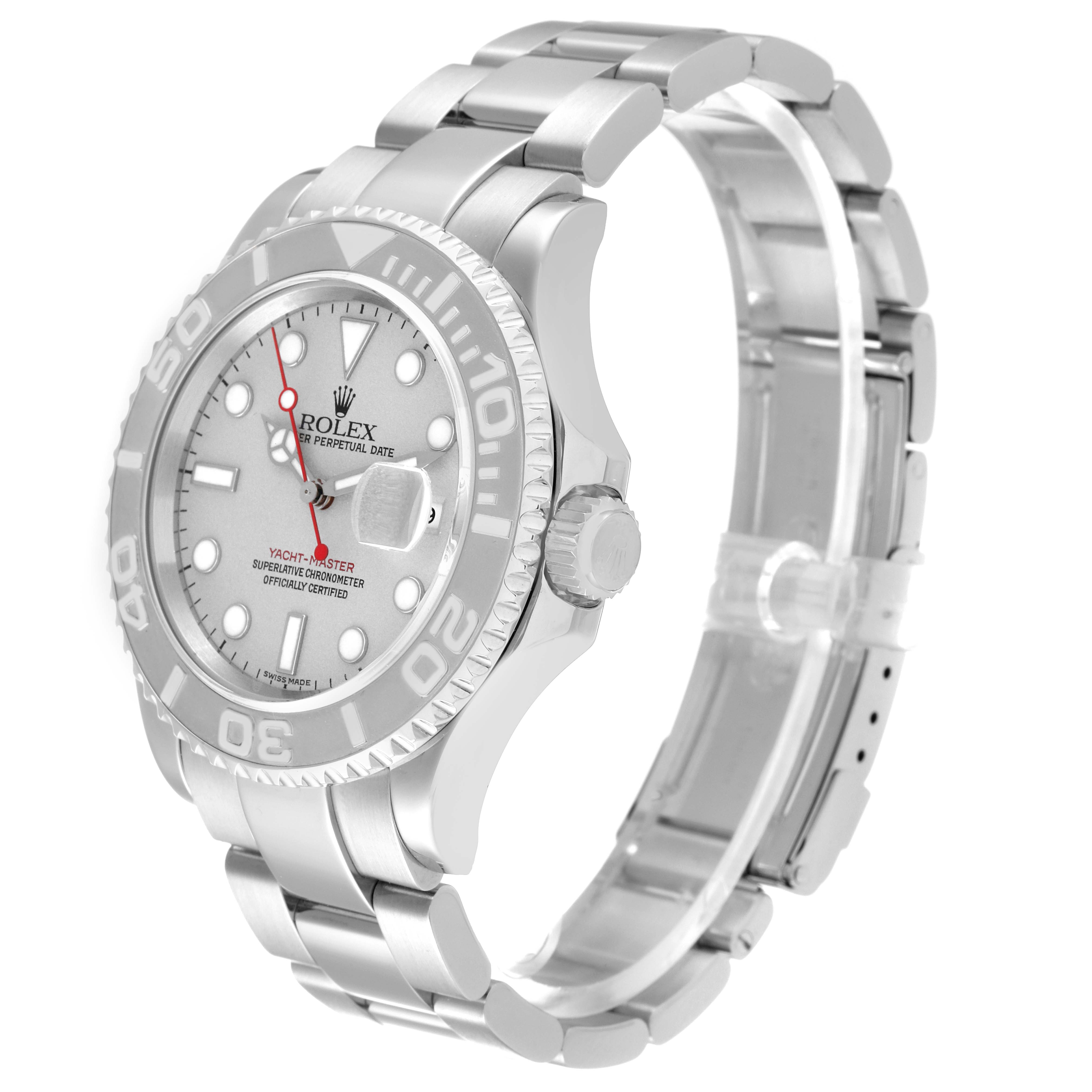 The Rolex Yacht-Master 16622 Men's Stainless Steel Silver Dial 16622 Men's Stainless Steel Silver Dial watch is shown at a three-quarter angle, displaying the face, bezel, crown, and part of the bracelet.