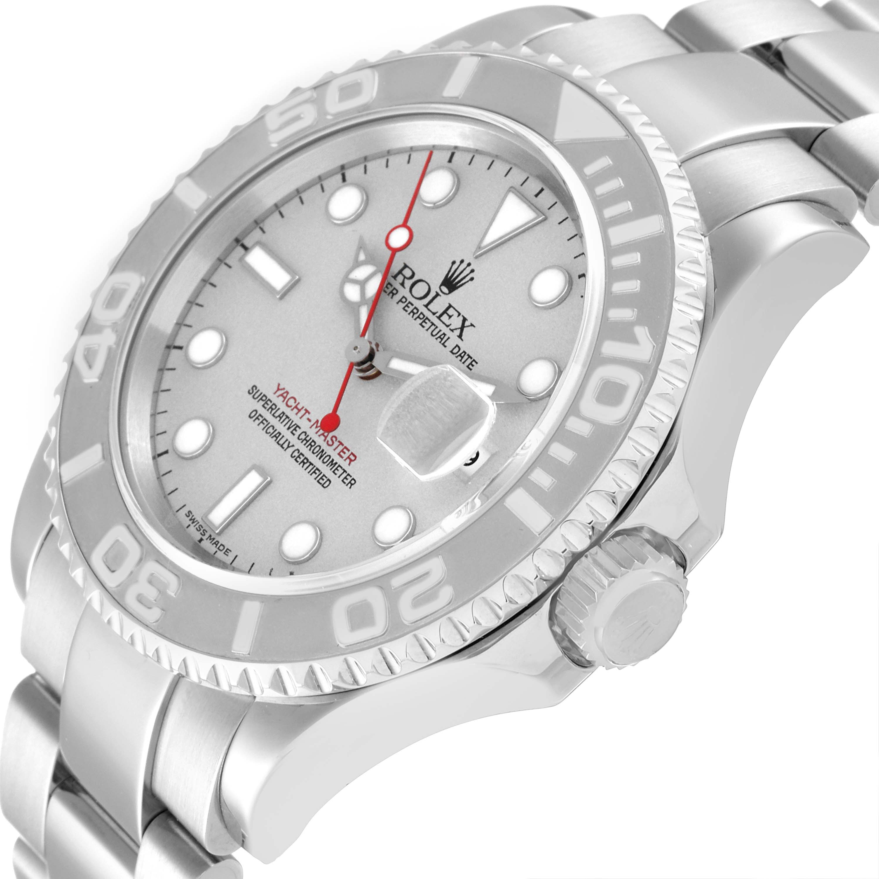 The image shows a Rolex Yacht-Master 16622 Men's Stainless Steel Silver Dial 16622 Men's Stainless Steel Silver Dial watch from an oblique angle, focusing on its dial, bracelet, bezel, and crown.