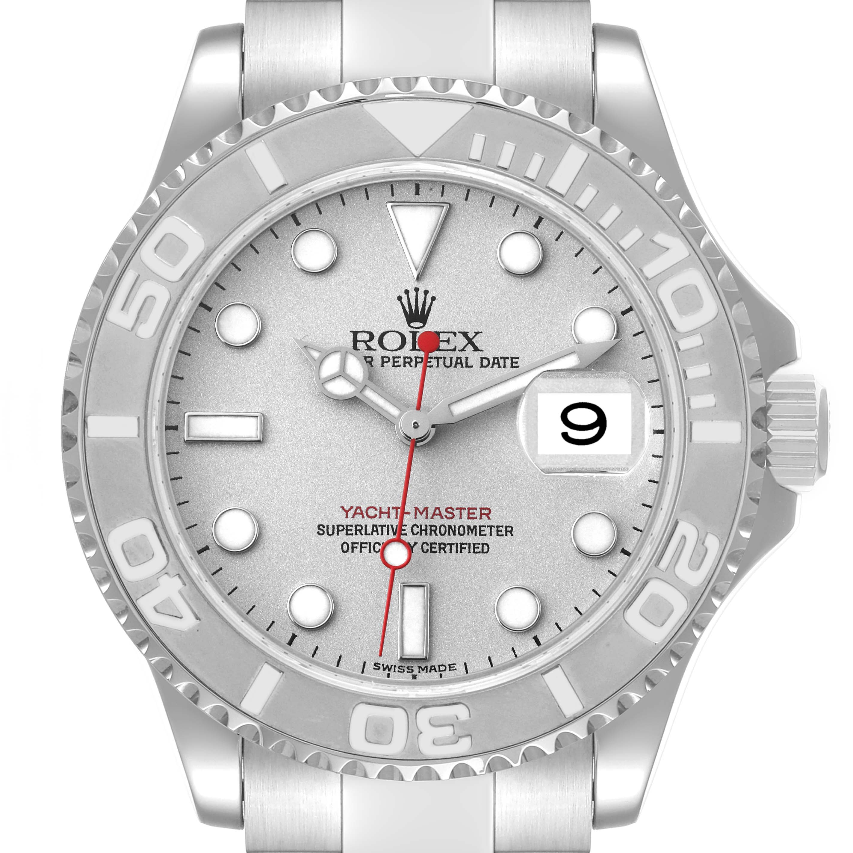 The image shows a frontal view of the Rolex Yacht-Master 16622 Men's Stainless Steel Silver Dial 16622 Men's Stainless Steel Silver Dial watch, featuring its dial, bezel, crown, and part of the bracelet.