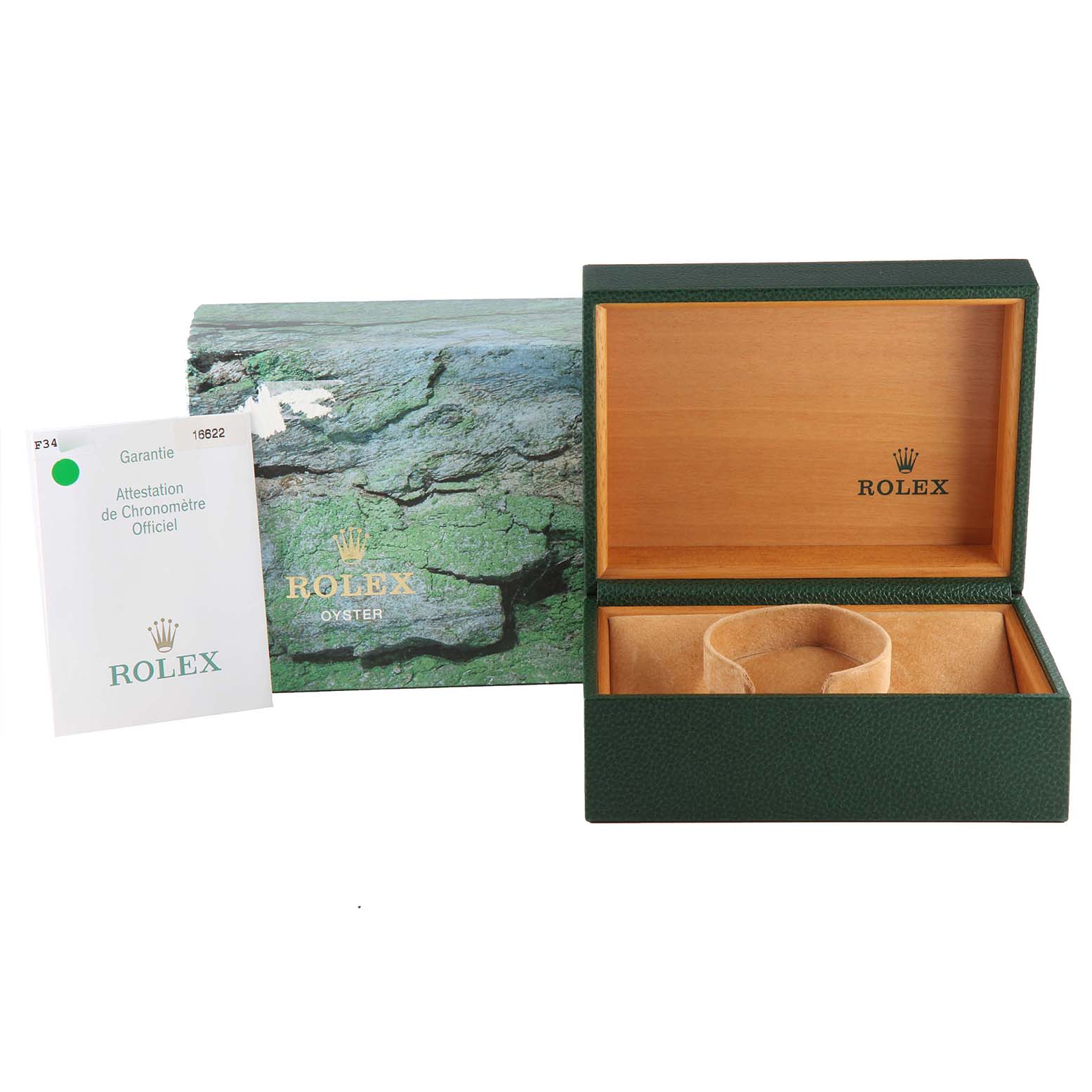 This image shows the box and guarantee card for a Rolex Yacht-Master 16622 Men's Stainless Steel Silver Dial 16622 Men's Stainless Steel Silver Dial watch.