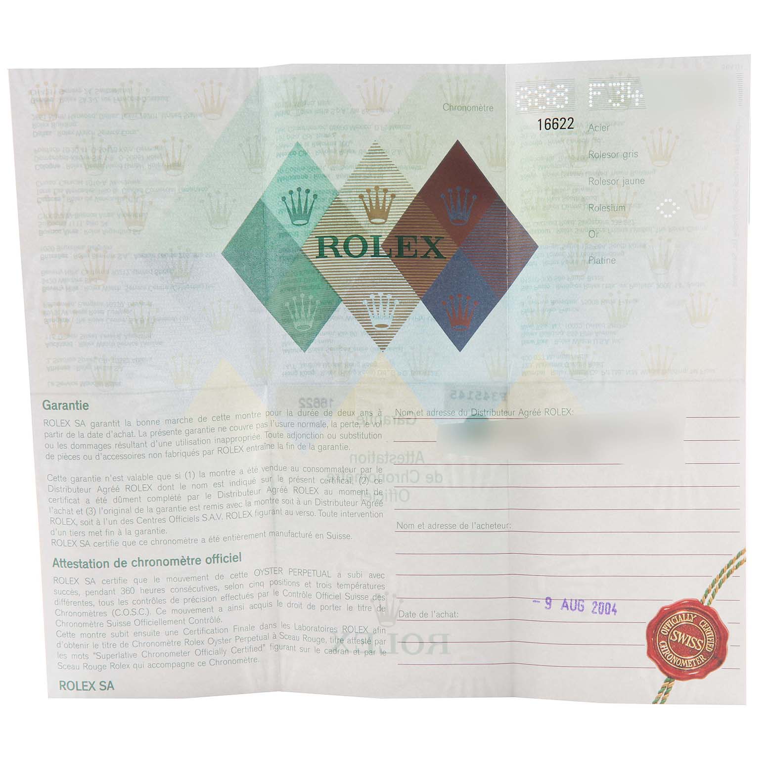 This image shows the official warranty and chronometer certification paperwork for a Rolex Yacht-Master 16622 Men's Stainless Steel Silver Dial 16622 Men's Stainless Steel Silver Dial model watch.