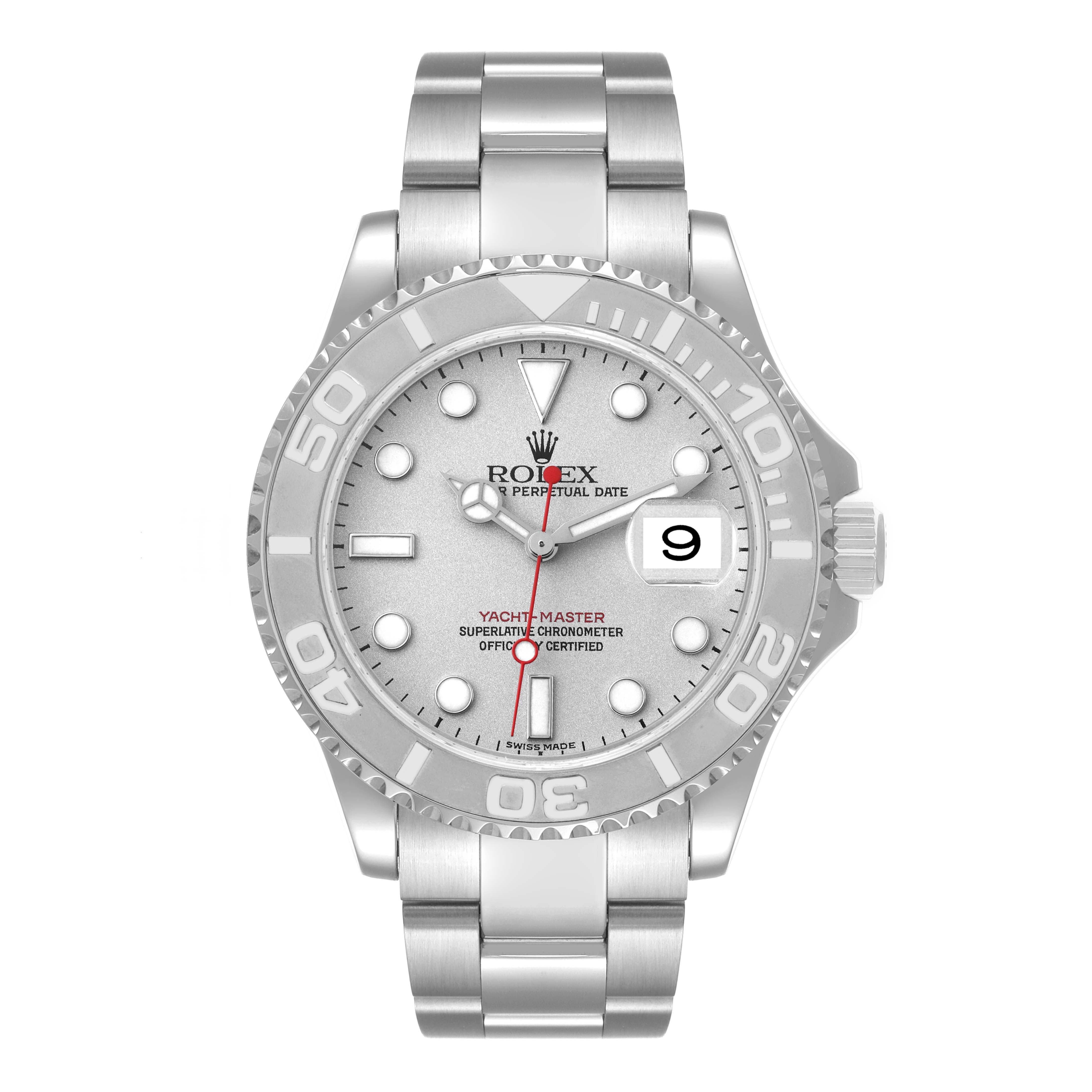 The image shows a frontal view of the Rolex Yacht-Master 16622 Men's Stainless Steel Silver Dial 16622 Men's Stainless Steel Silver Dial watch, displaying its face, bezel, crown, and bracelet.