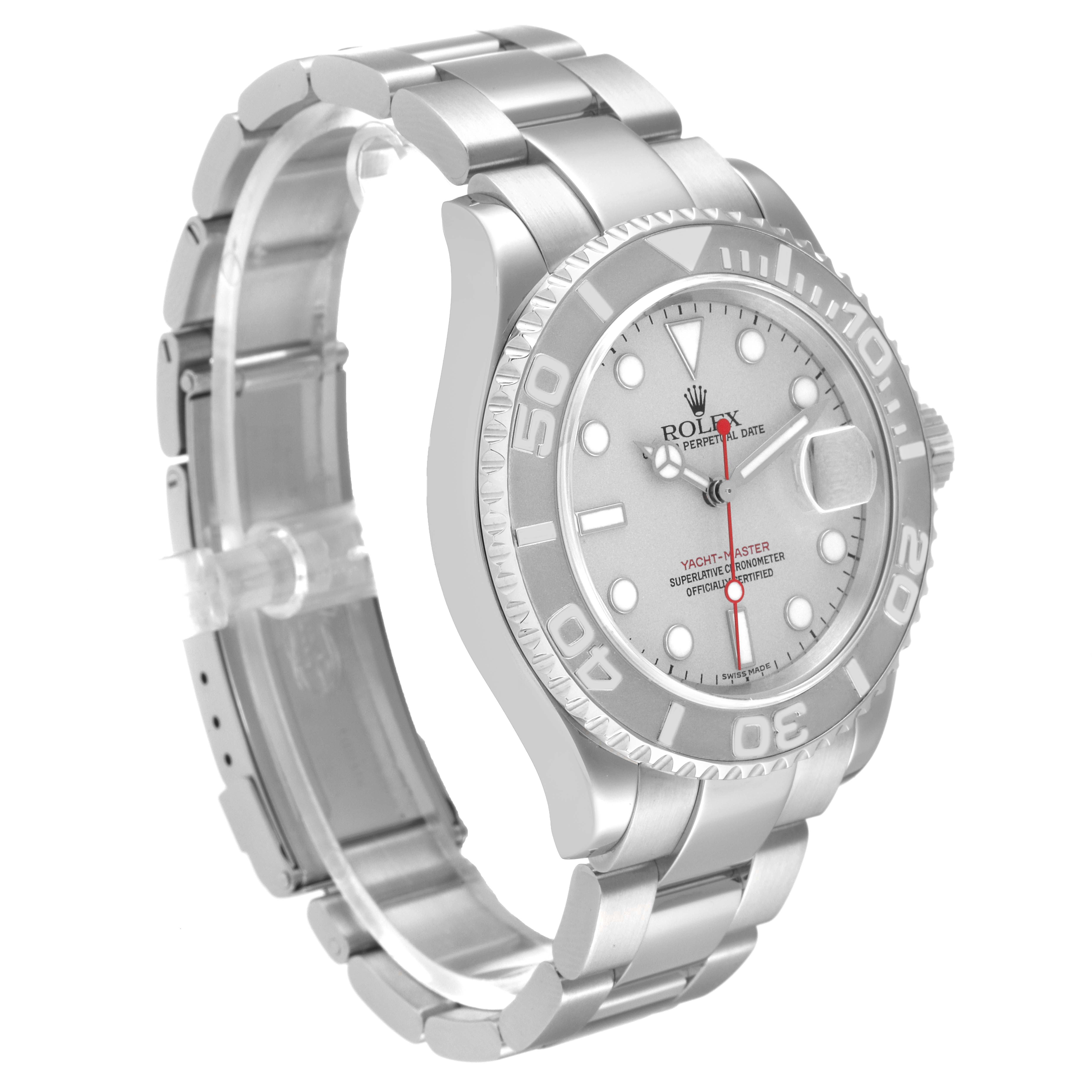 The image shows a side angle of a Rolex Yacht-Master 16622 Men's Stainless Steel Silver Dial 16622 Men's Stainless Steel Silver Dial watch, highlighting its silver dial, bezel, and metal bracelet.