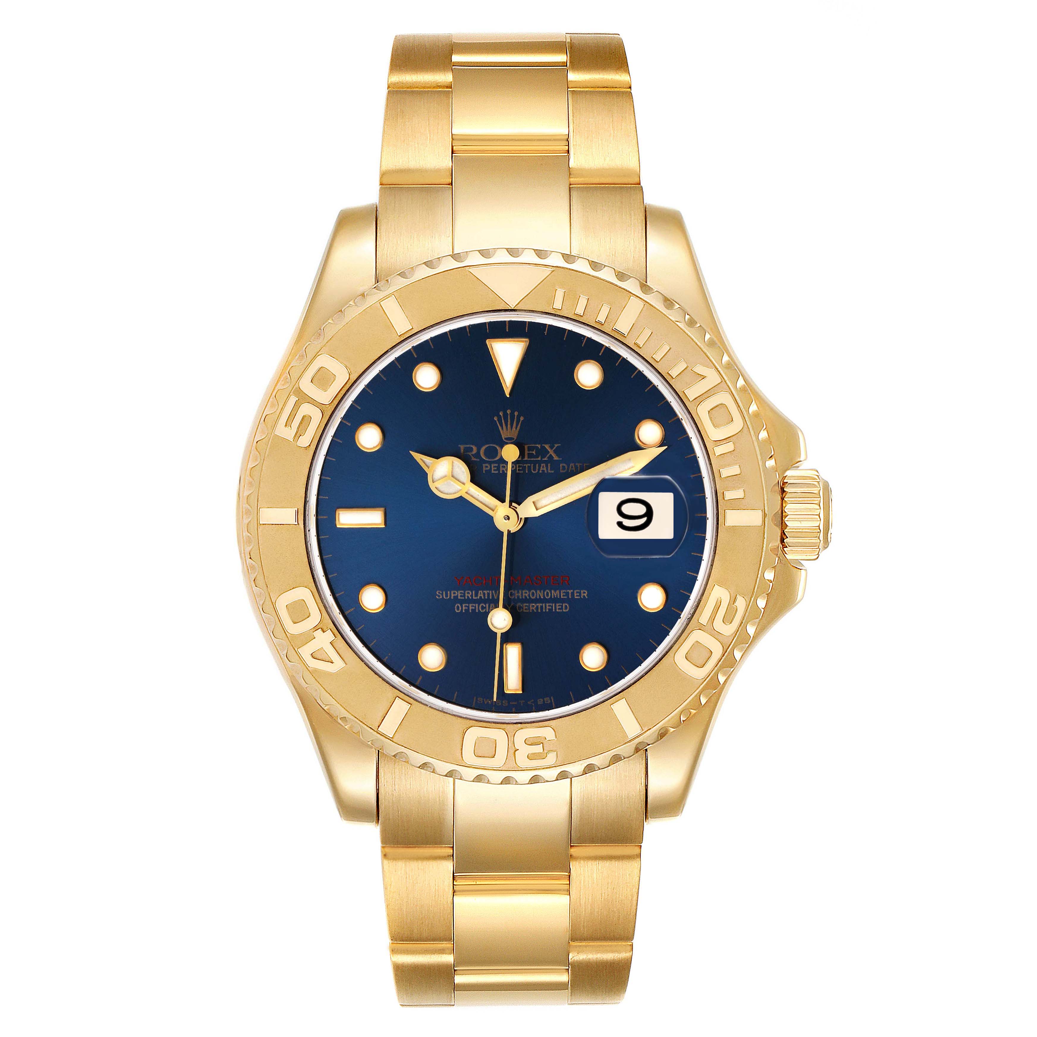 This image shows a front view of the Rolex Yacht-Master 16628 Men's Yellow Gold Blue Dial 16628 Men's Yellow Gold Blue Dial watch, displaying its blue dial, gold case, and bracelet.