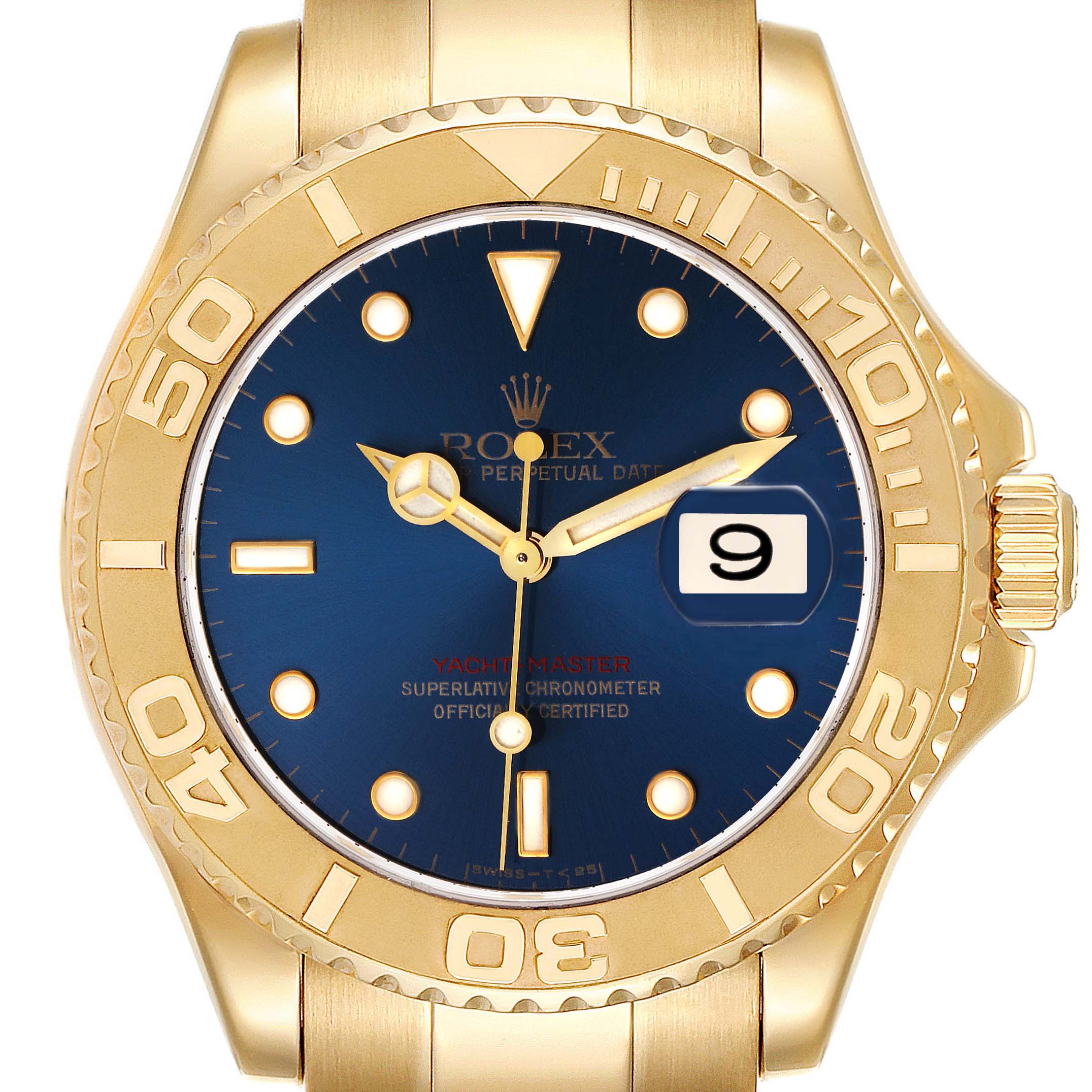The image shows a front view of a Rolex Yacht-Master 16628 Men's Yellow Gold Blue Dial 16628 Men's Yellow Gold Blue Dial watch, highlighting its gold bezel, blue dial, and date complication.