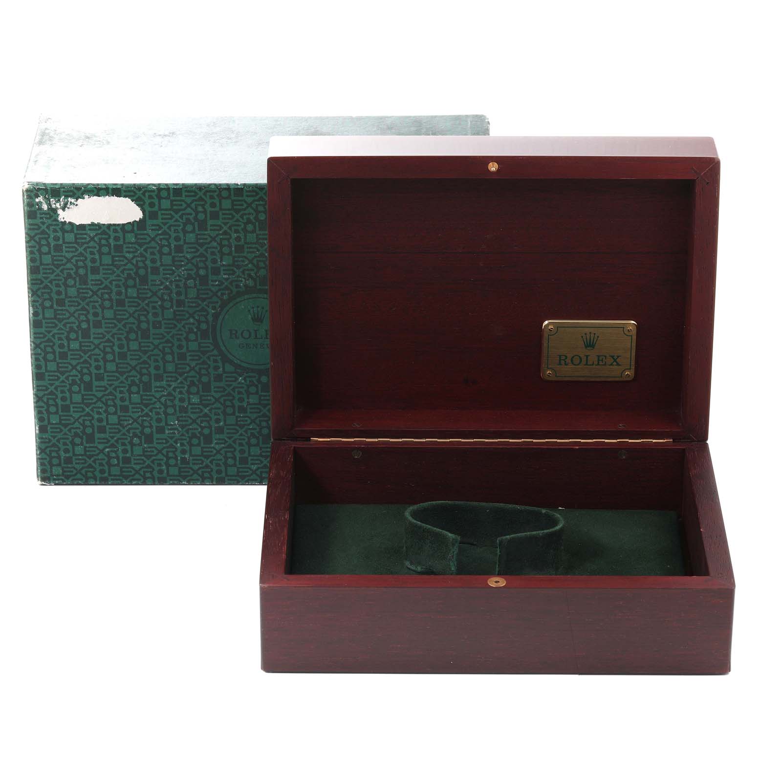 The image shows an open Rolex Yacht-Master 16628 Men's Yellow Gold Blue Dial 16628 Men's Yellow Gold Blue Dial watch box and its outer packaging from a front angle.