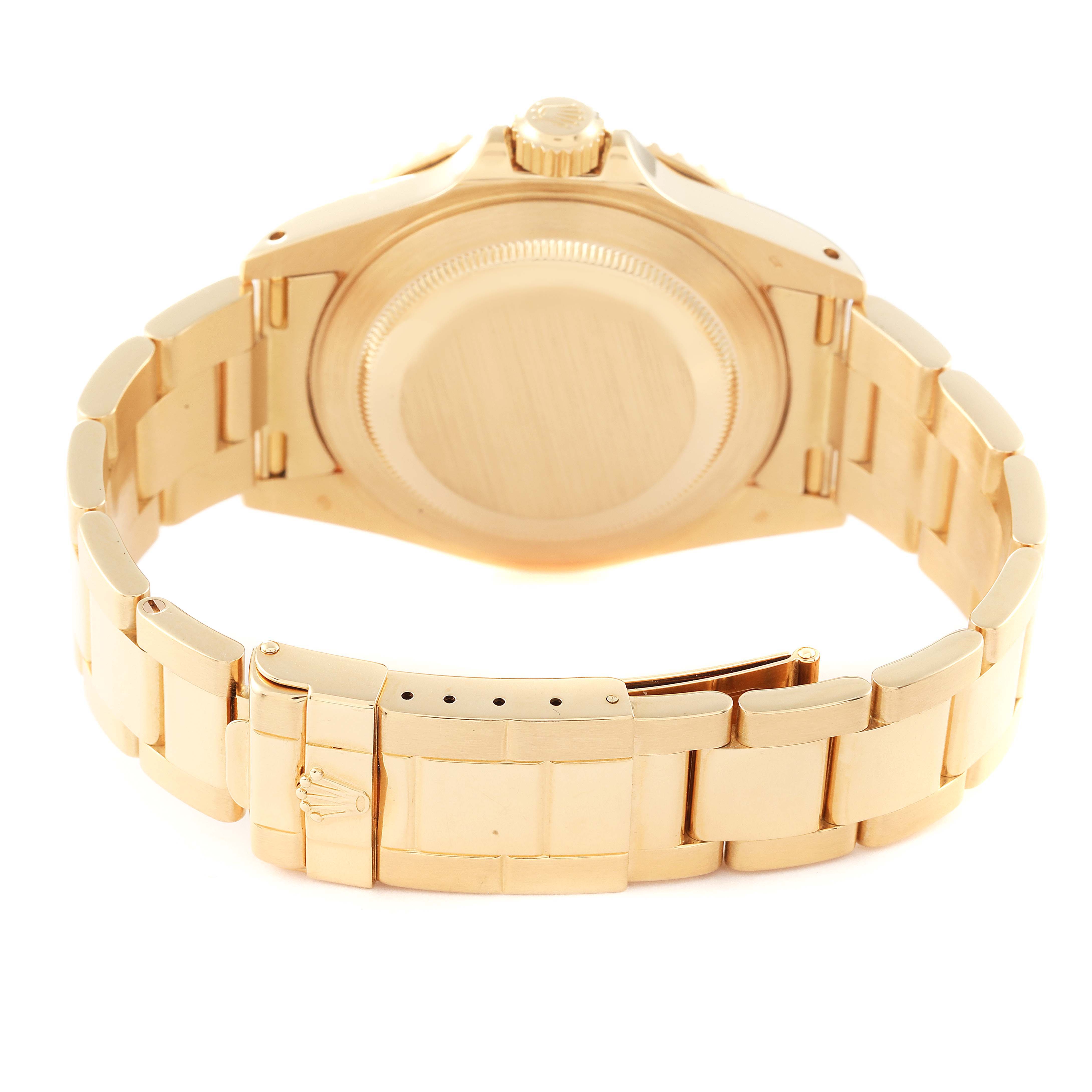 The image shows the backside and bracelet of a Rolex Yacht-Master 16628 Men's Yellow Gold Blue Dial 16628 Men's Yellow Gold Blue Dial watch in a gold finish.