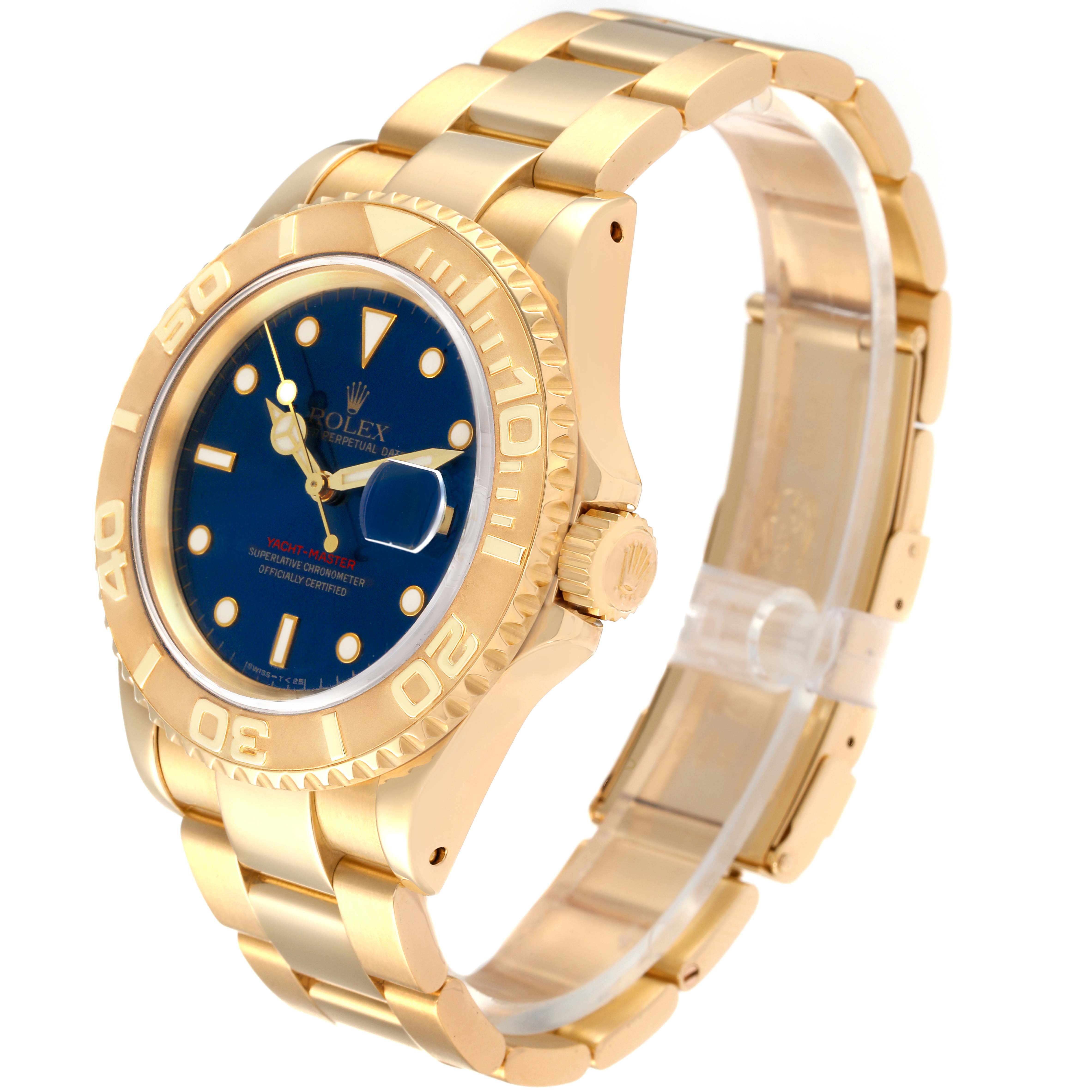 This image shows a side-angle view of the Rolex Yacht-Master 16628 Men's Yellow Gold Blue Dial 16628 Men's Yellow Gold Blue Dial watch, highlighting its gold case, bracelet, and blue dial.