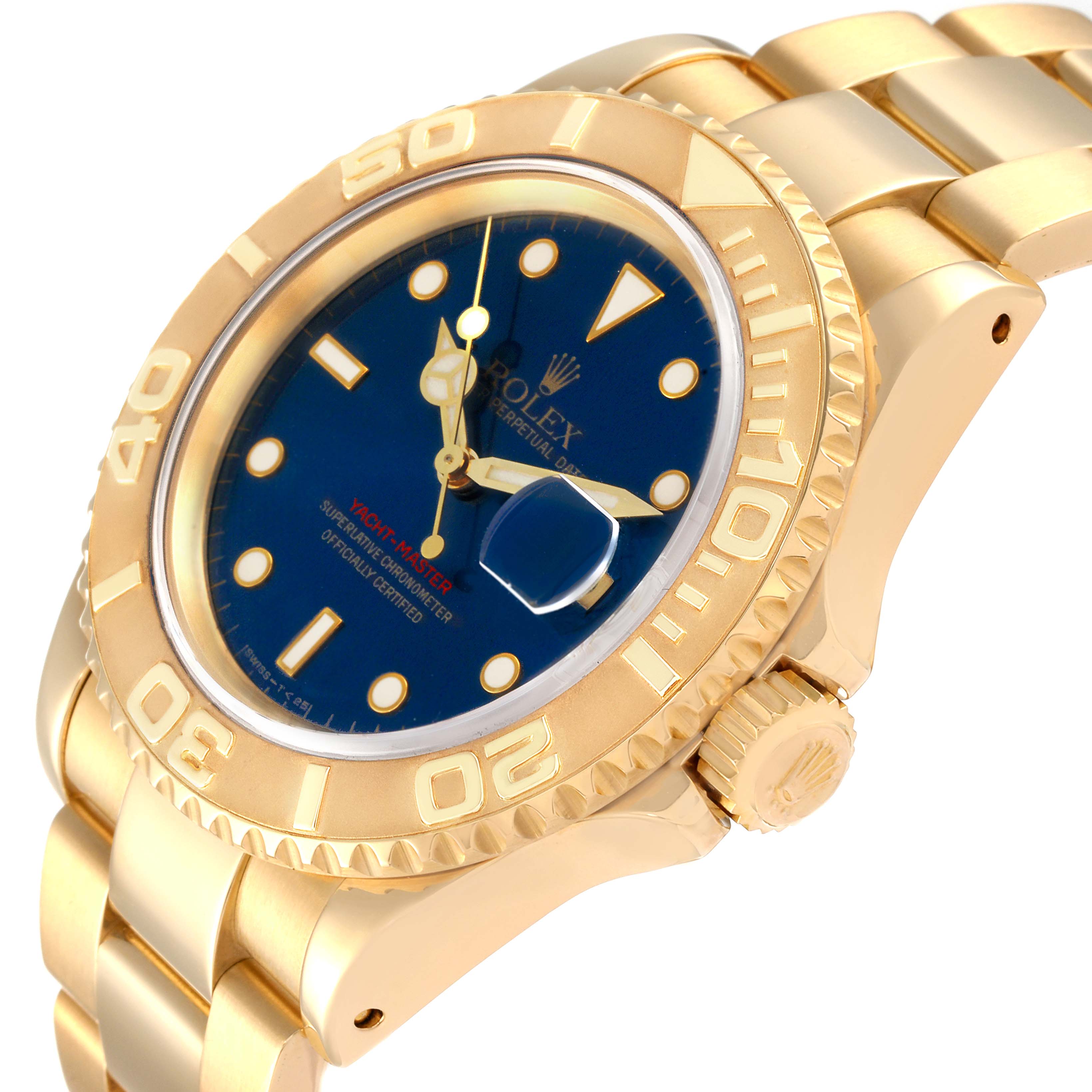 The Rolex Yacht-Master 16628 Men's Yellow Gold Blue Dial 16628 Men's Yellow Gold Blue Dial watch is shown at a slightly angled close-up, featuring the dial, bezel, and part of the bracelet.