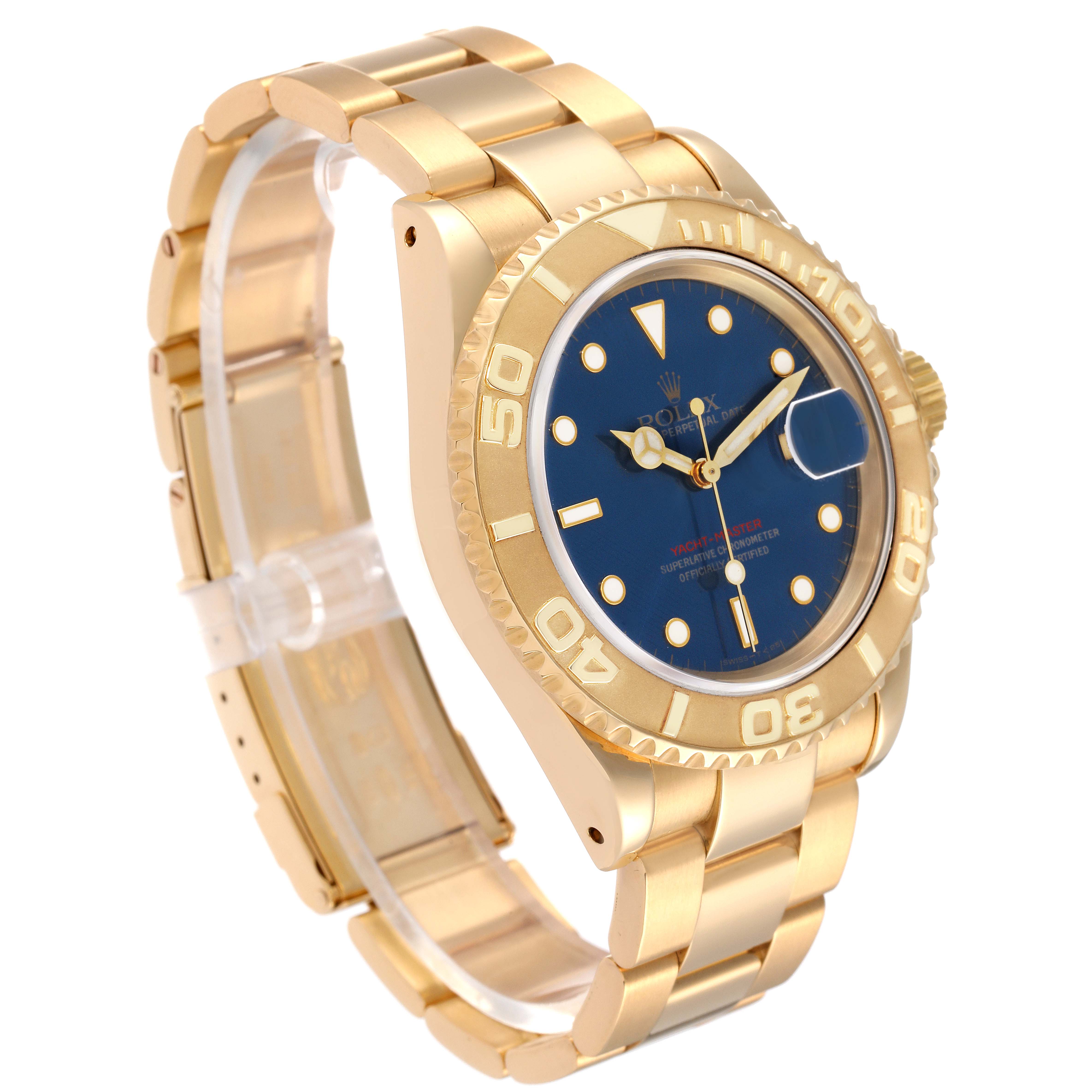 The image shows a Rolex Yacht-Master 16628 Men's Yellow Gold Blue Dial 16628 Men's Yellow Gold Blue Dial watch at a three-quarter angle, highlighting its golden bracelet, case, and blue dial.