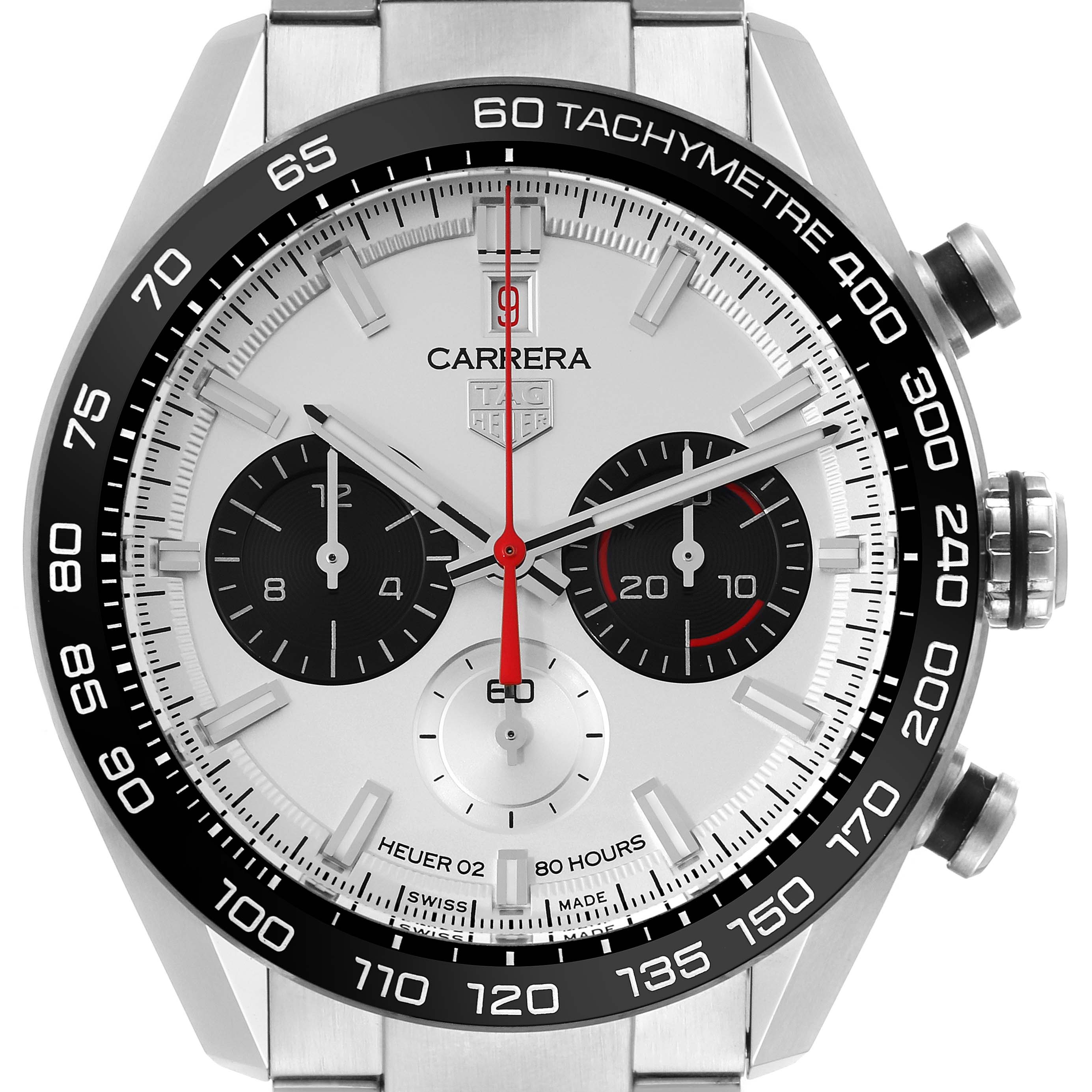 The image shows a front view of the Tag Heuer Carrera Limited Edition watch, highlighting its dial, tachymeter bezel, and chronograph subdials.