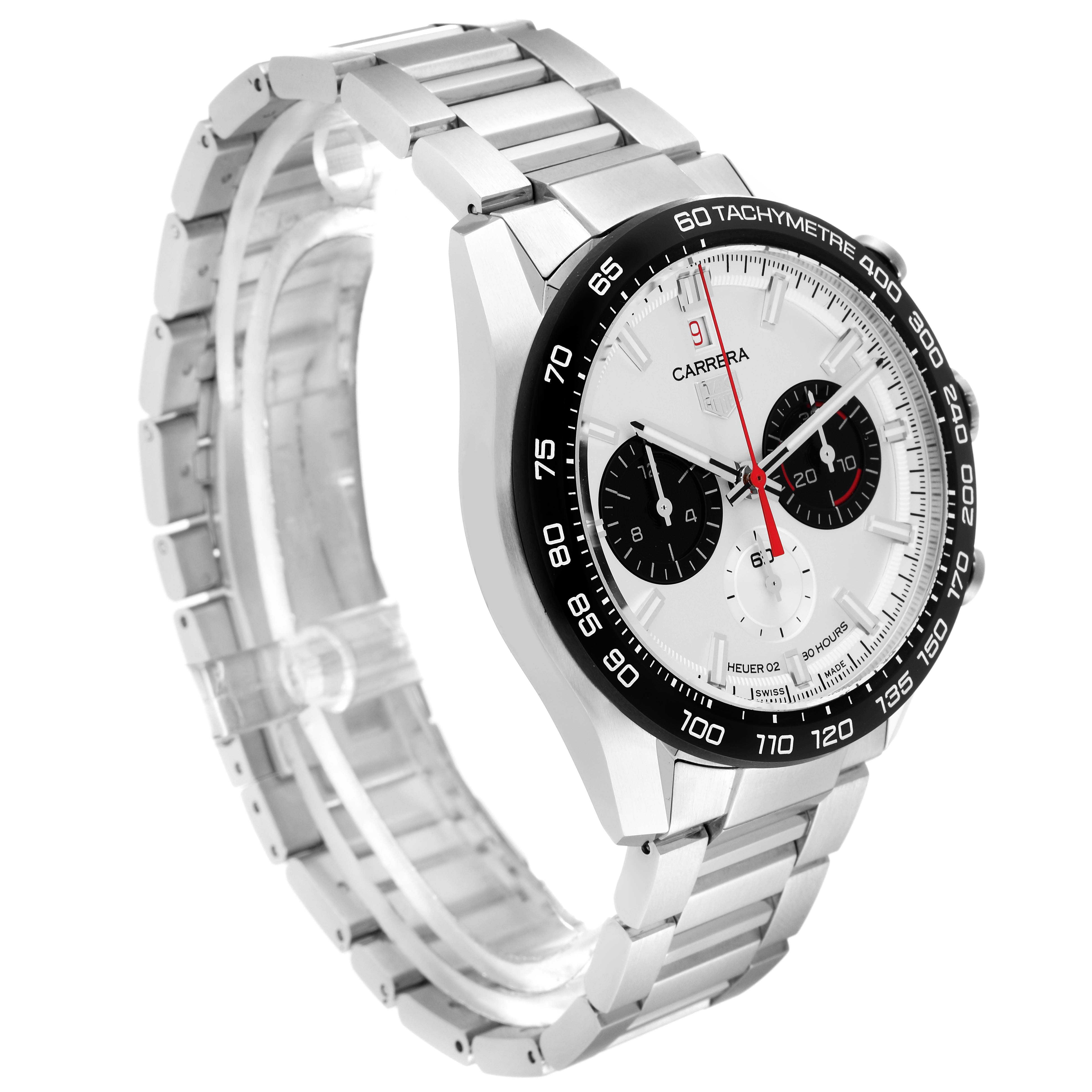 The image shows a Tag Heuer Carrera Limited Edition watch at a three-quarter angle, highlighting its bracelet and dial.