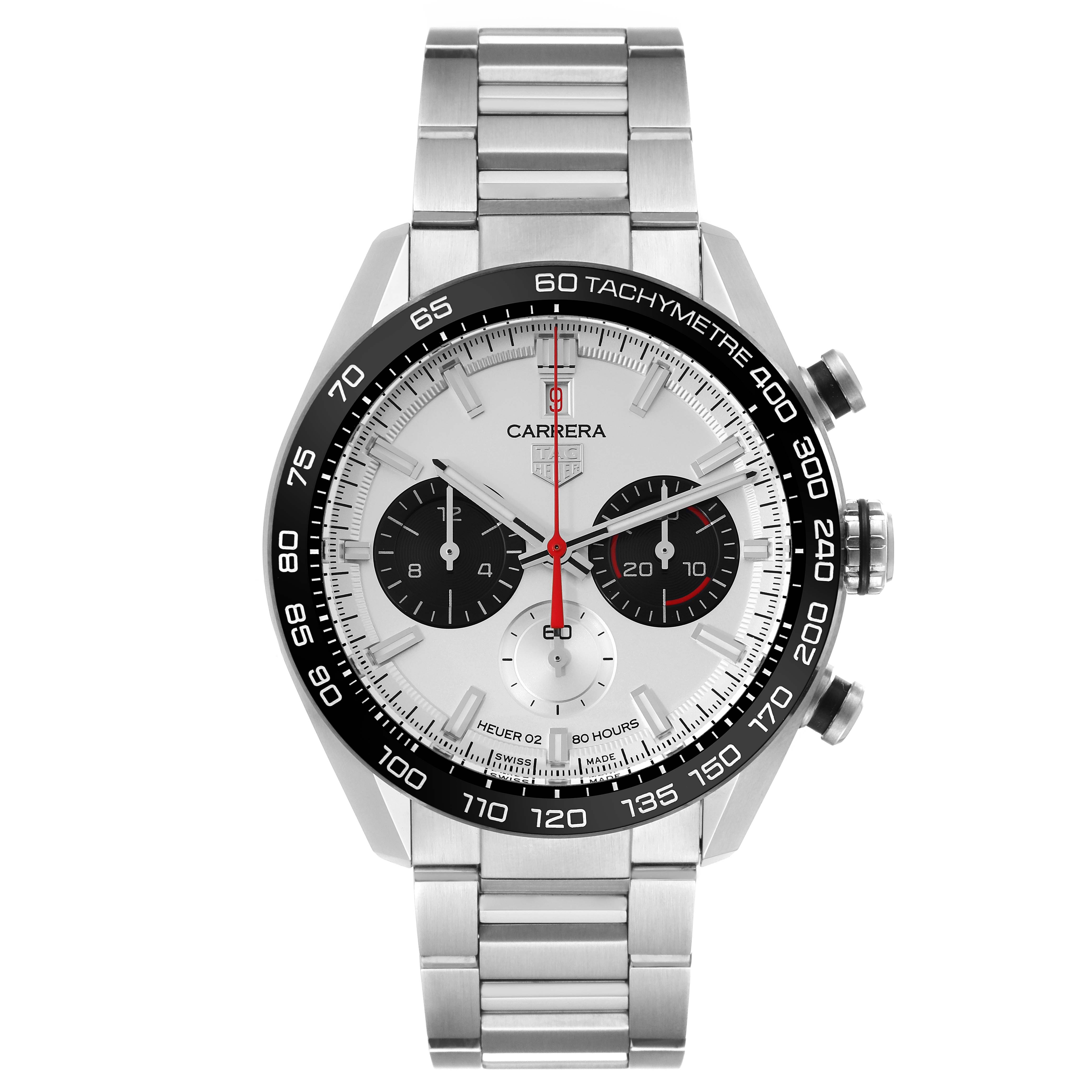 The image shows a head-on view of a Tag Heuer Carrera Limited Edition watch with a stainless steel bracelet and tachymeter bezel.