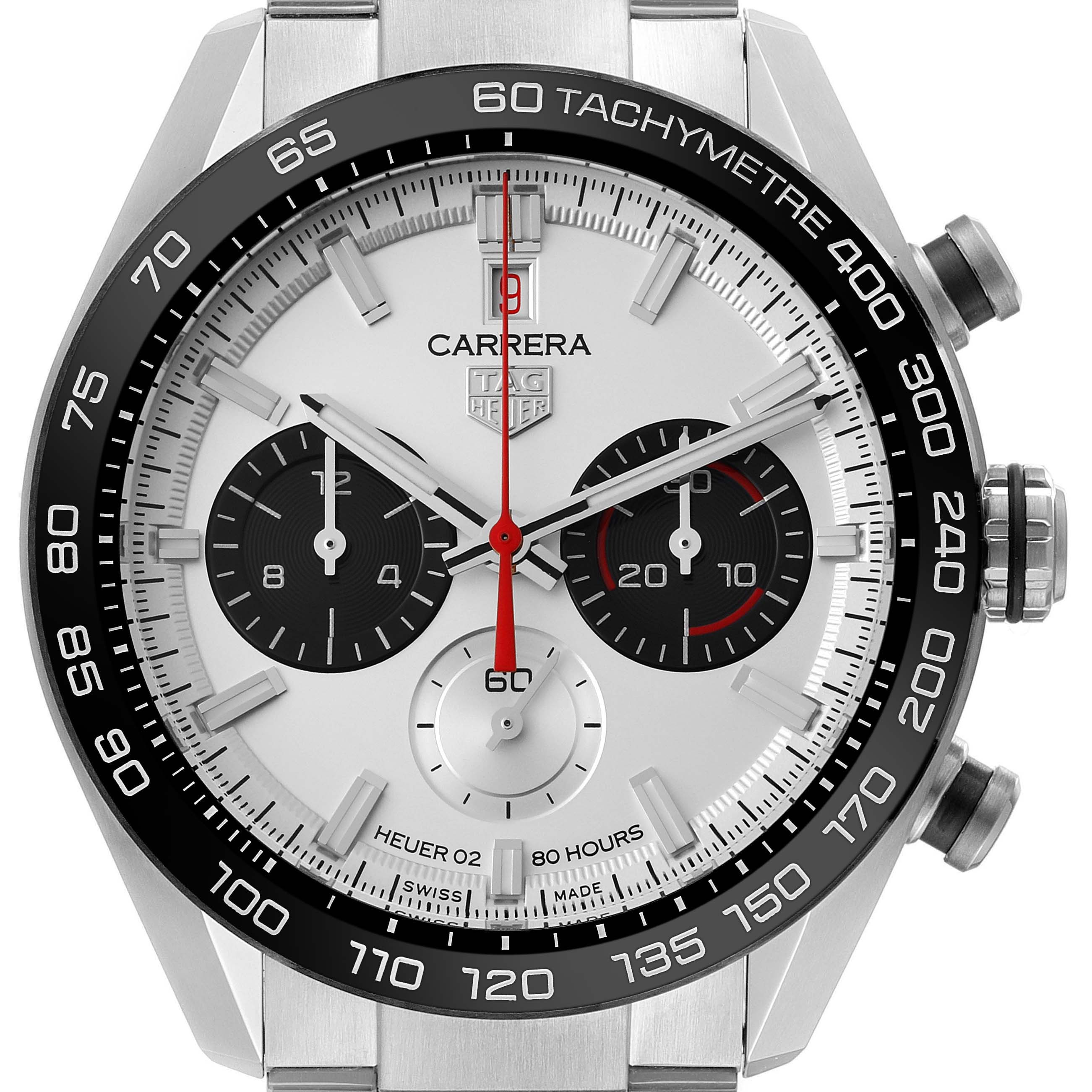This image shows a front view of the Tag Heuer Carrera Limited Edition watch, featuring a tachymeter bezel and chronograph subdials.