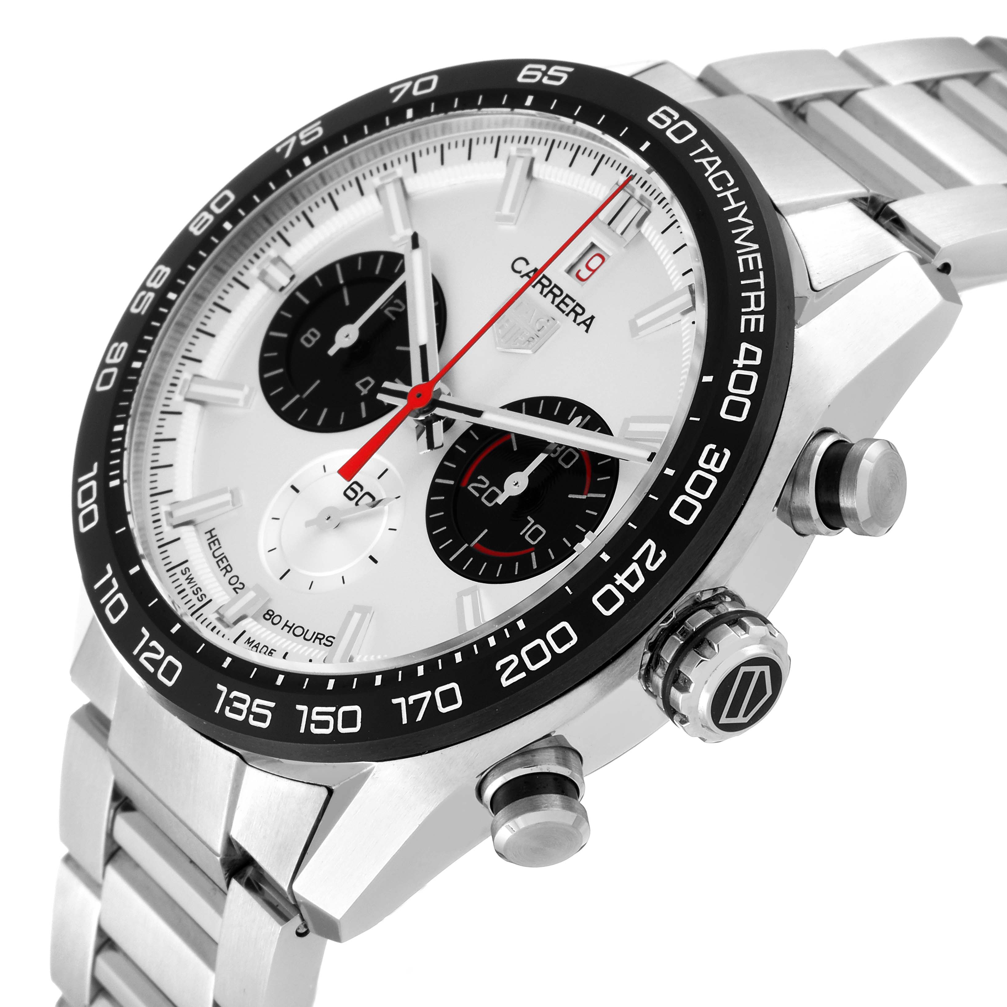 The image shows a close-up of the Tag Heuer Carrera Limited Edition watch, highlighting the dial, bezel, and buttons.