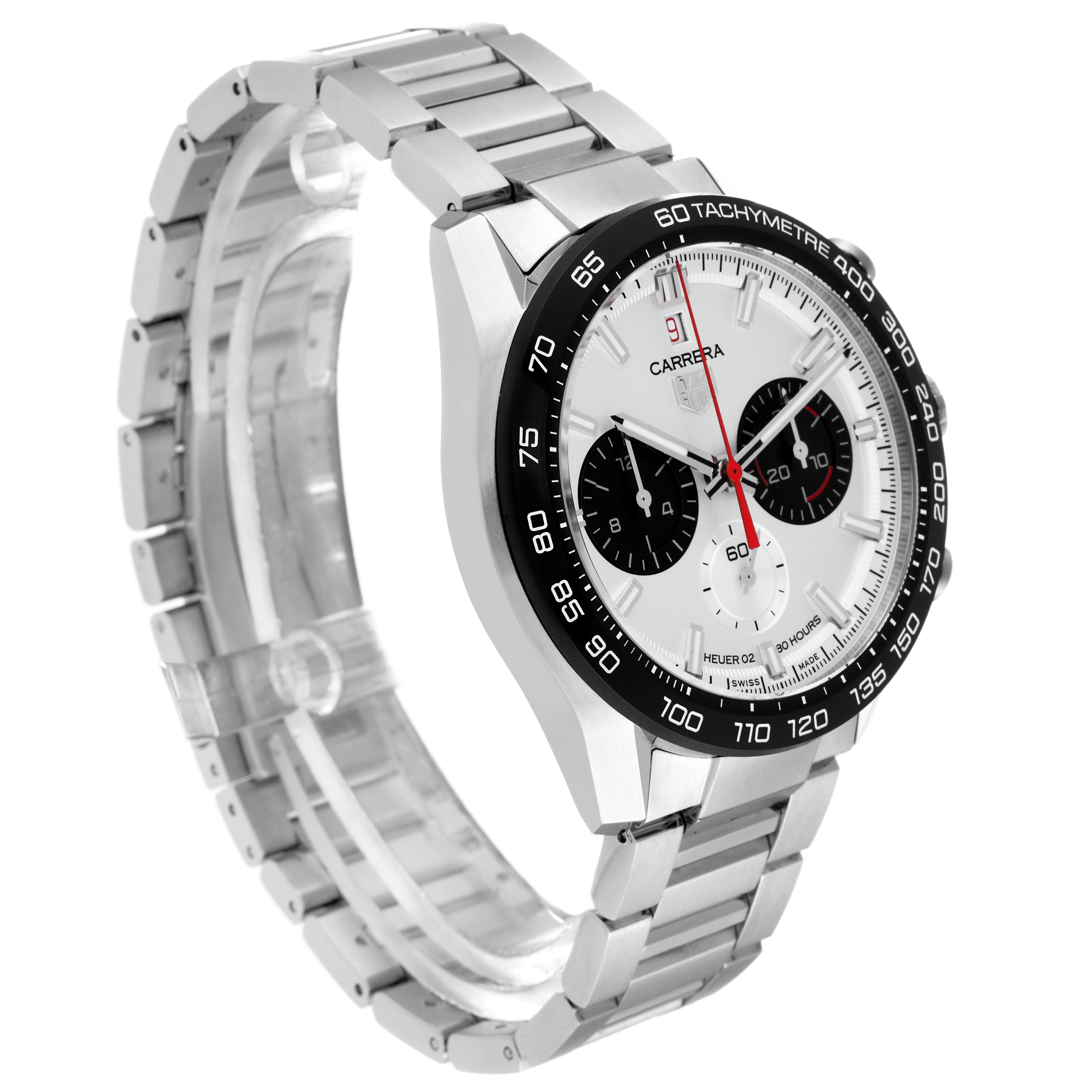 This image shows a Tag Heuer Carrera Limited Edition watch at a three-quarter angle, highlighting the bracelet and tachymeter bezel.