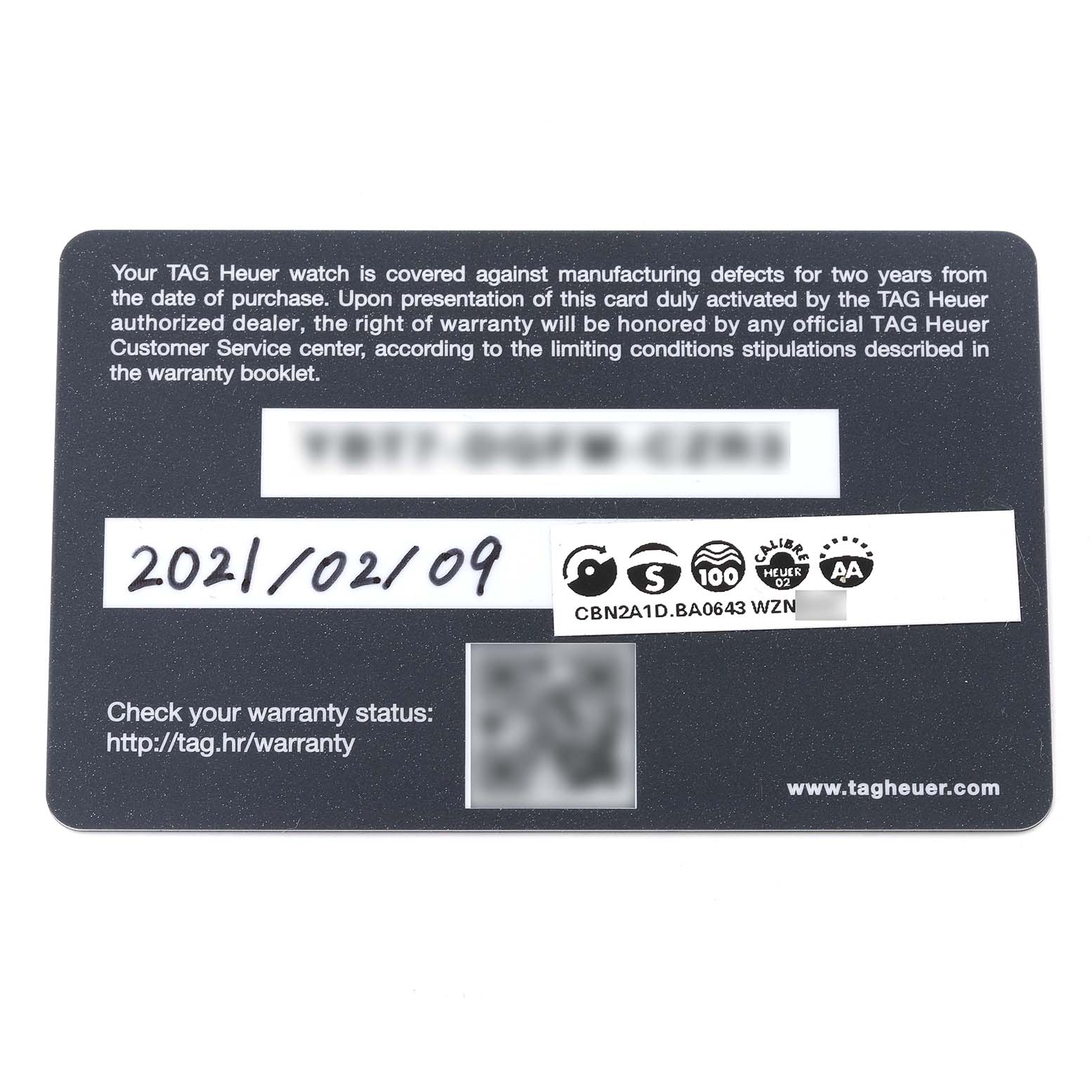 This is the warranty card for the Tag Heuer Limited Edition CBN2A1D.BA0643 Men's Stainless Steel Silver Dial CBN2A1D.BA0643 Men's Stainless Steel Silver Dial model CBN2A1D.BA0643.