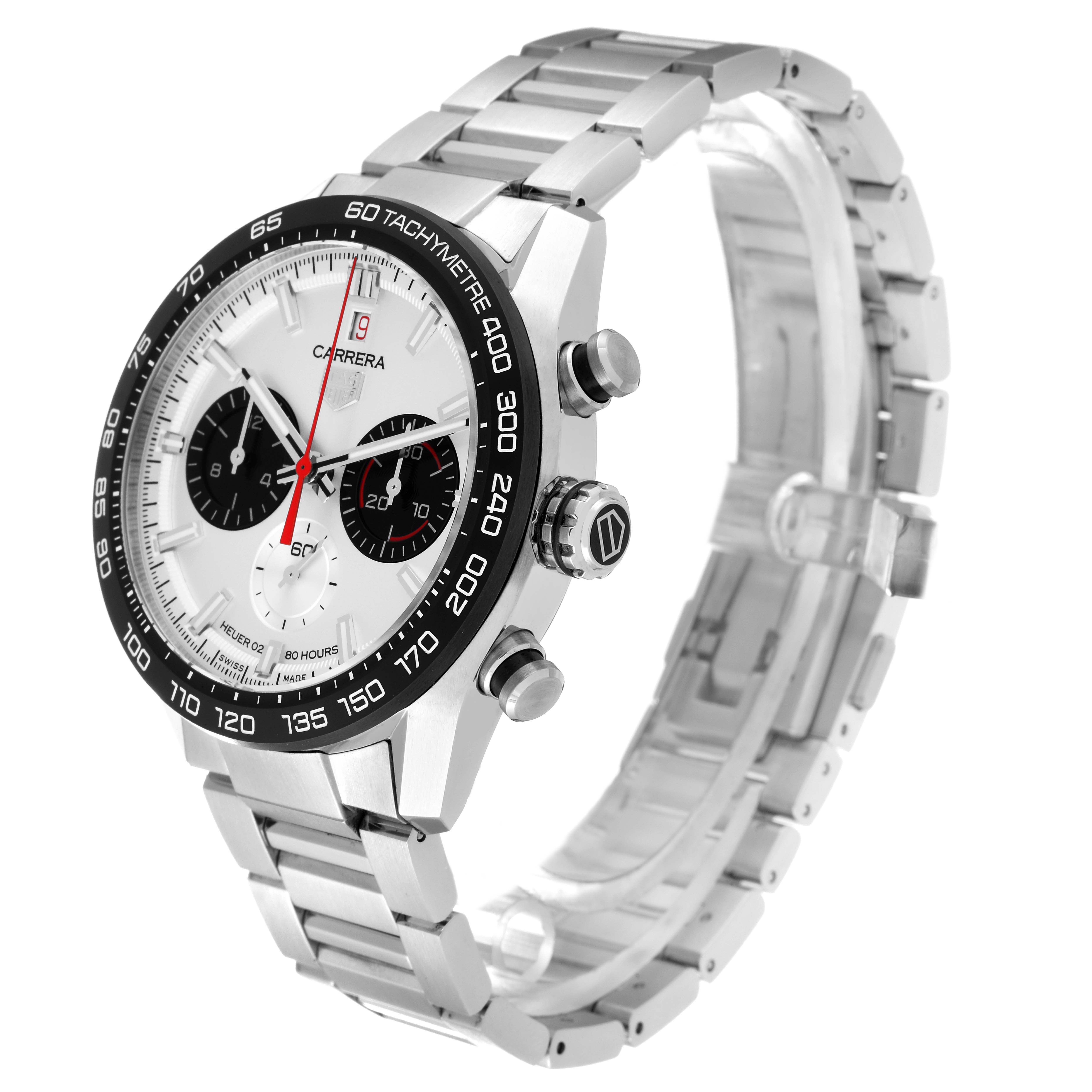 This image shows a Tag Heuer Carrera Limited Edition watch from a three-quarter angle, highlighting the dial, bezel, crown, and bracelet.