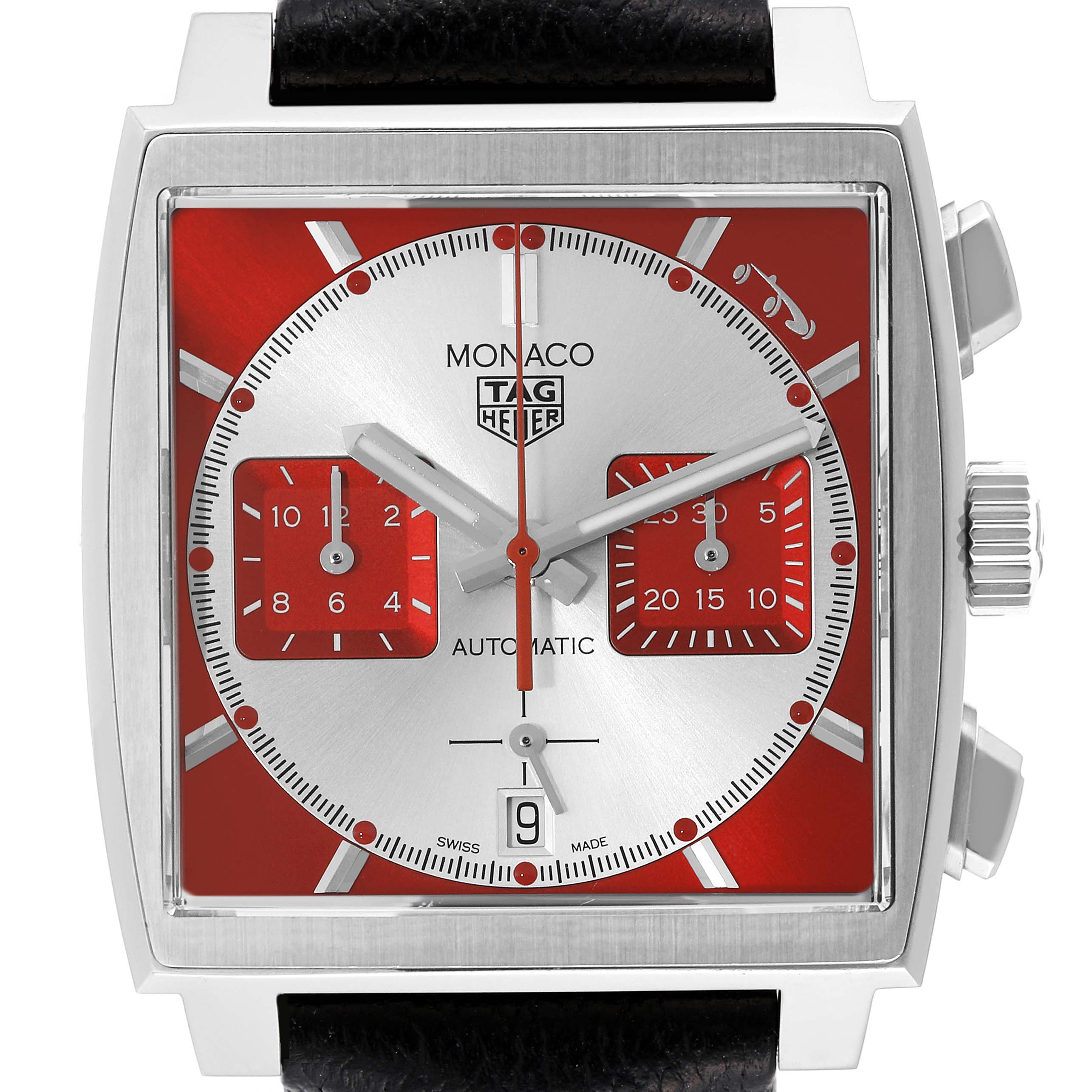 The Tag Heuer Monaco CBL2114.FC6486 Men's Stainless Steel Red Dial CBL2114.FC6486 Men's Stainless Steel Red Dial watch is shown from a front angle, displaying the dial, subdials, and side buttons.