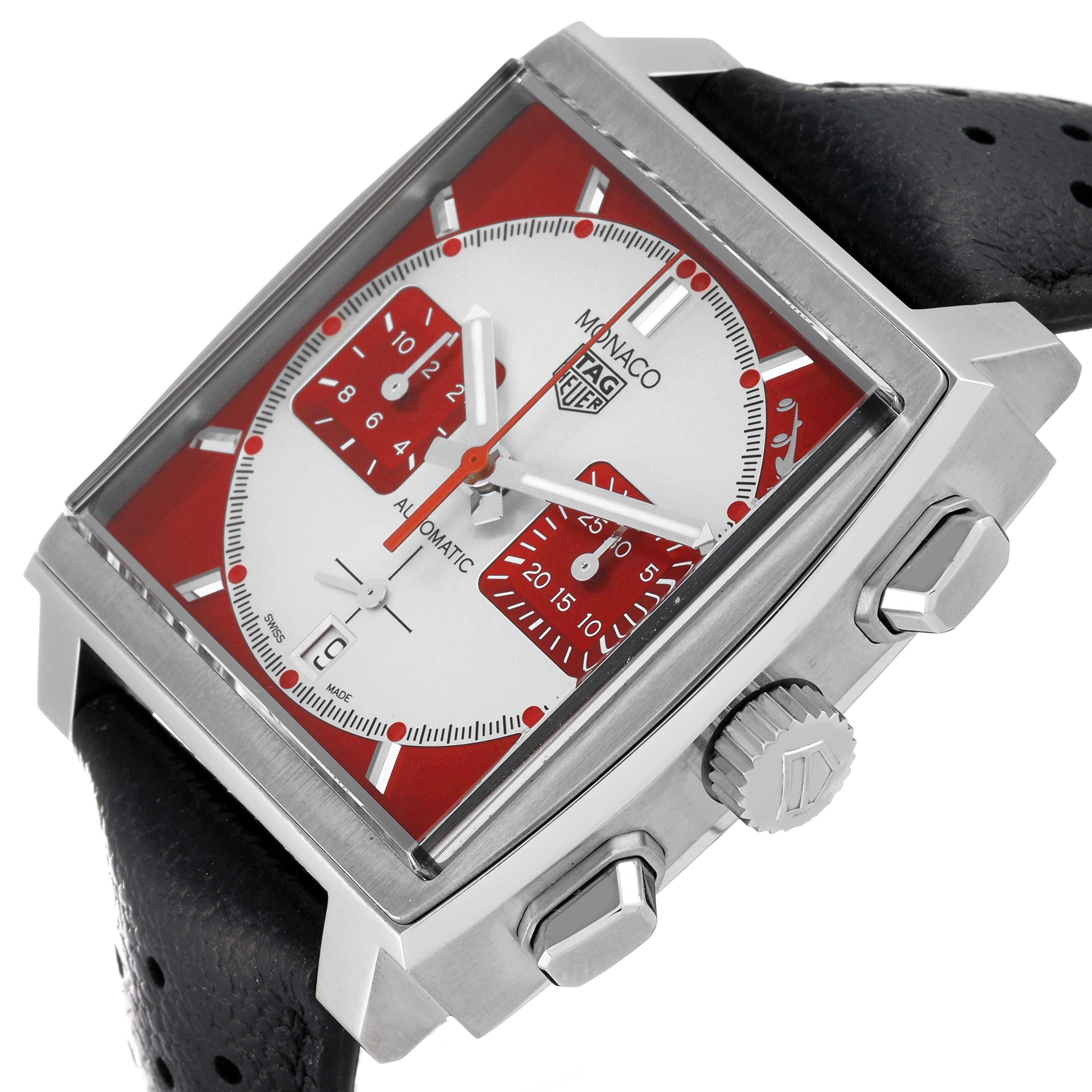 The image shows the Tag Heuer Monaco CBL2114.FC6486 Men's Stainless Steel Red Dial CBL2114.FC6486 Men's Stainless Steel Red Dial watch at an angled side view, highlighting the face, crown, pushers, and part of the strap.